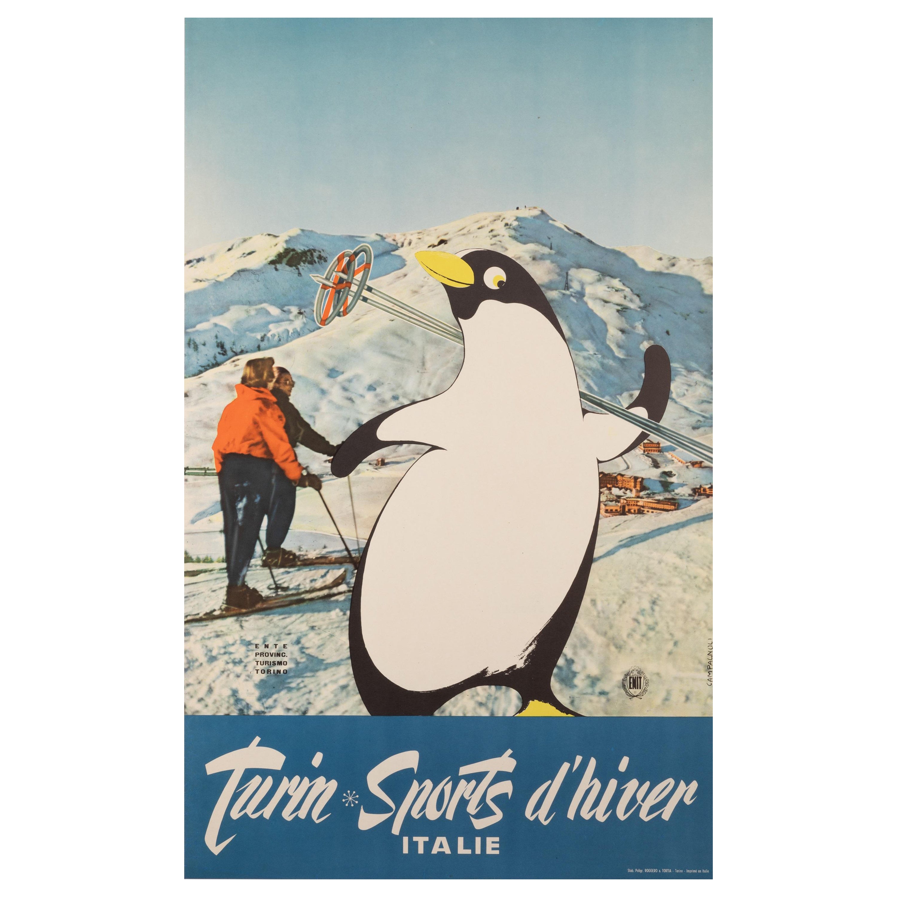 Campagnoli, Cartel original de esquí, Turín, Deportes de invierno, Pingüino, Italia, 1955 en venta