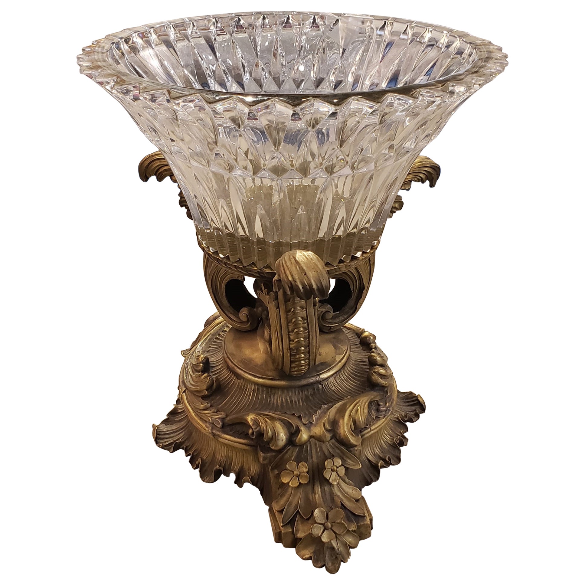 Rococo Style Molded Glass Mounted Patinated Metal and Brass Centerpiece For Sale