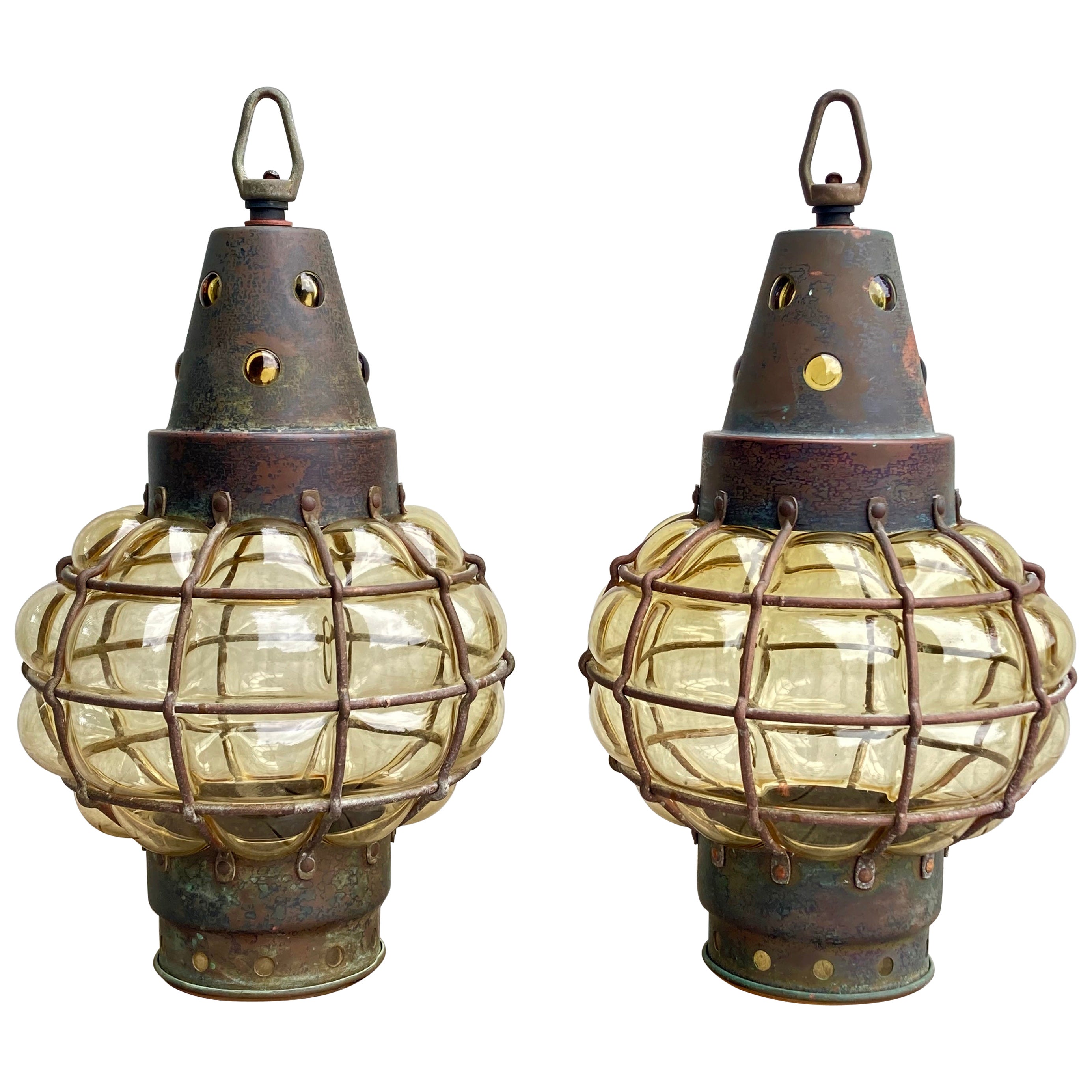 Pair of Antique 1920s Arts & Crafts Hanging Lanterns in Metal and Handmade Glass For Sale