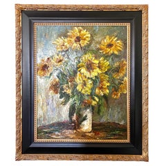 Signed Original Impressionist Oil Painting of Sunflowers Daisies Mid Century