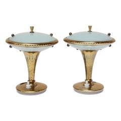 Pair of Petite Vintage Italian Blue Glass and Brass Bedside Lamps