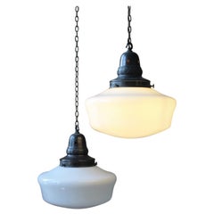 Early 20th Century Pair of Opaline Bronze Pendants Lights Chandeliers