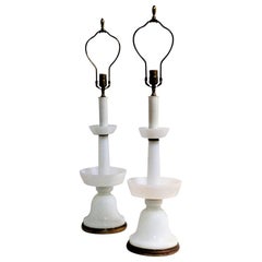 Antique  French White Opaline Glass Table Lamps, Circa 1930