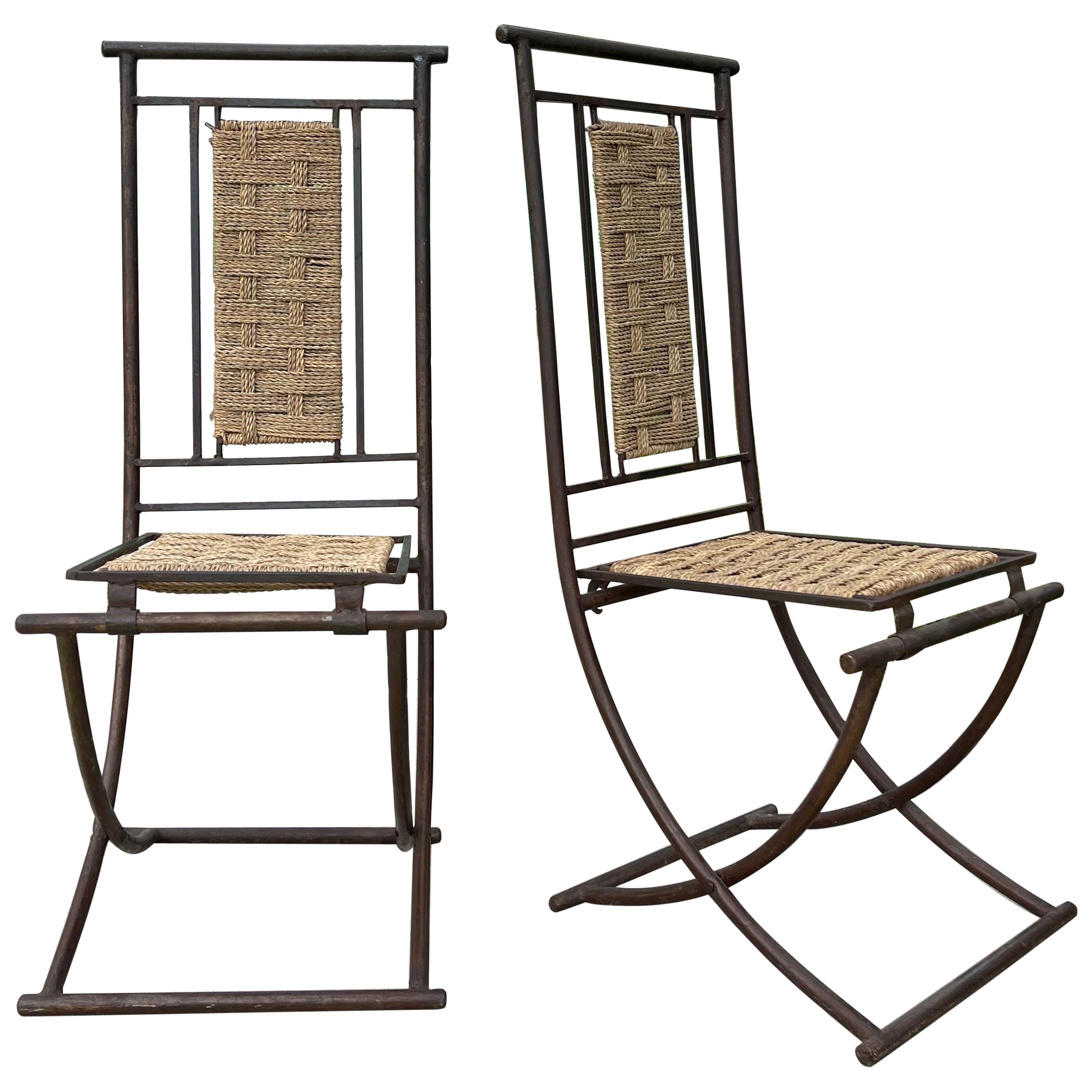 Wrought Iron & Woven Rope Folding Chairs, a Pair For Sale