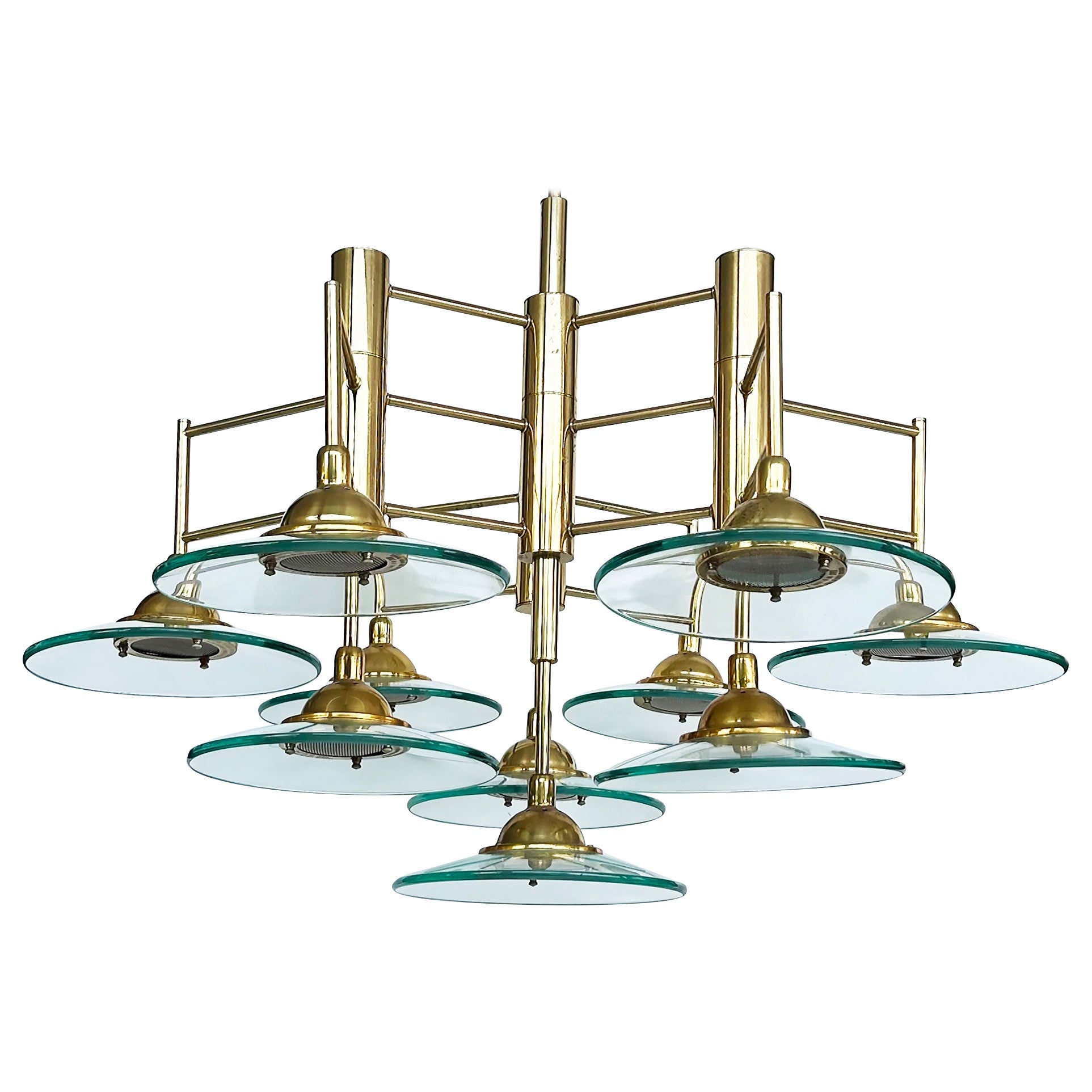 Lampadario moderno d'epoca in ottone e vetro a 10 luci a più livelli