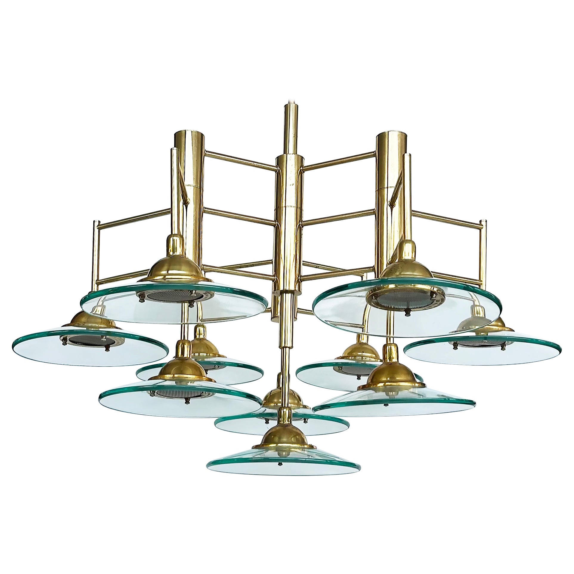 Vintage Modern Brass and Glass 10-Light Chandelier with Multiple Tiers