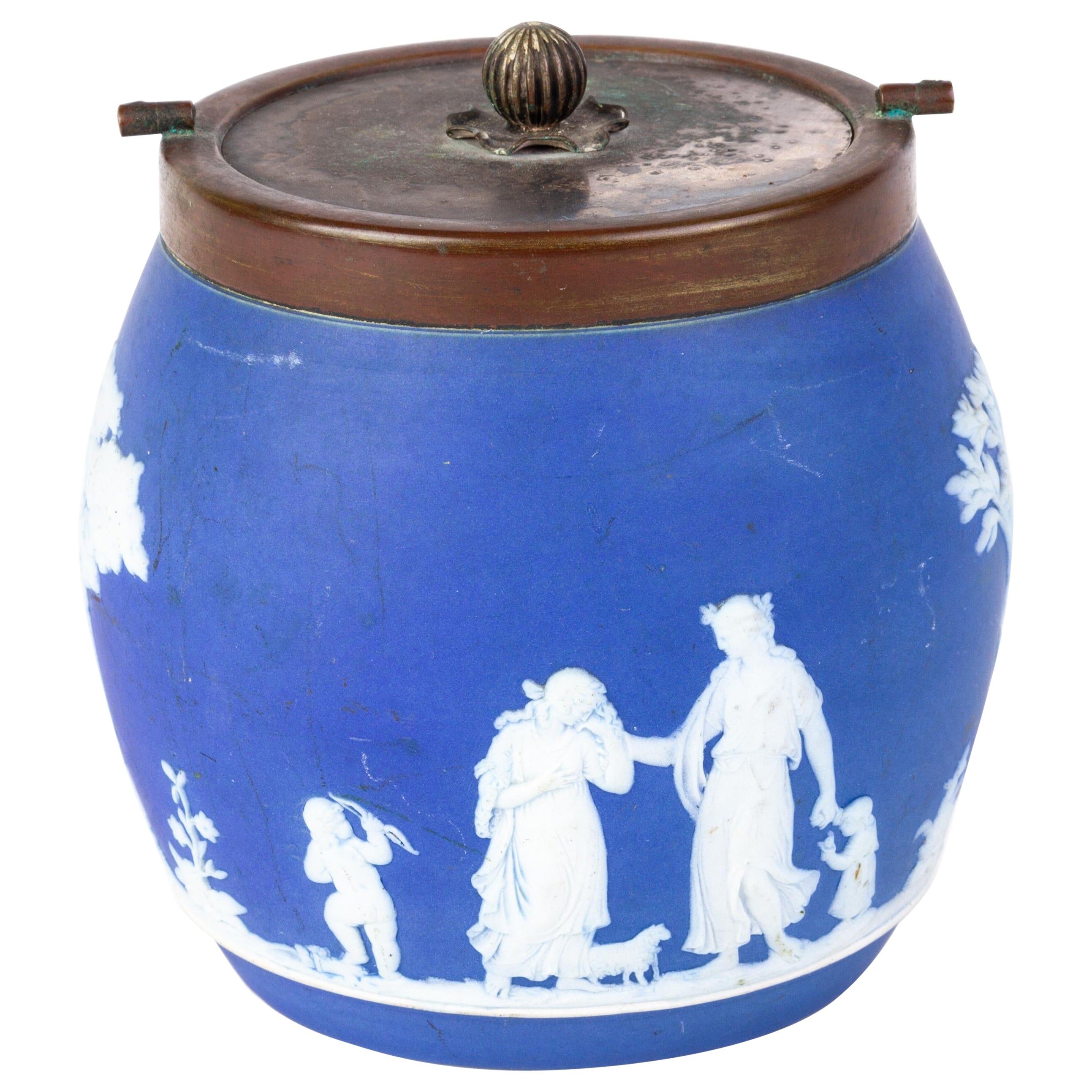 Victorian Wedgwood Portland Blue Jasperware Cameo Neoclassical Biscuit Jar  For Sale