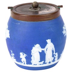 Antique Victorian Wedgwood Portland Blue Jasperware Cameo Neoclassical Biscuit Jar 