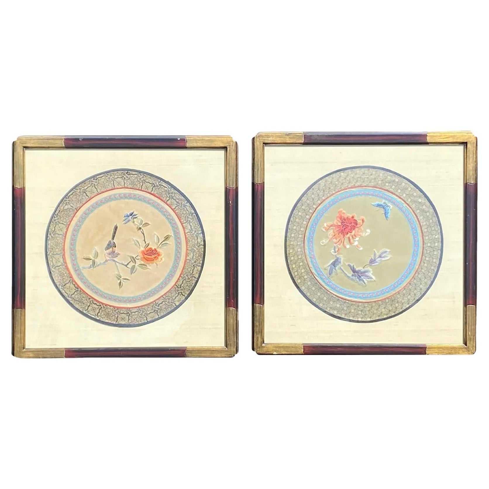 Pair 1970's Soicher-Marin Framed Chinese Silk Embroidery Textile Art For Sale
