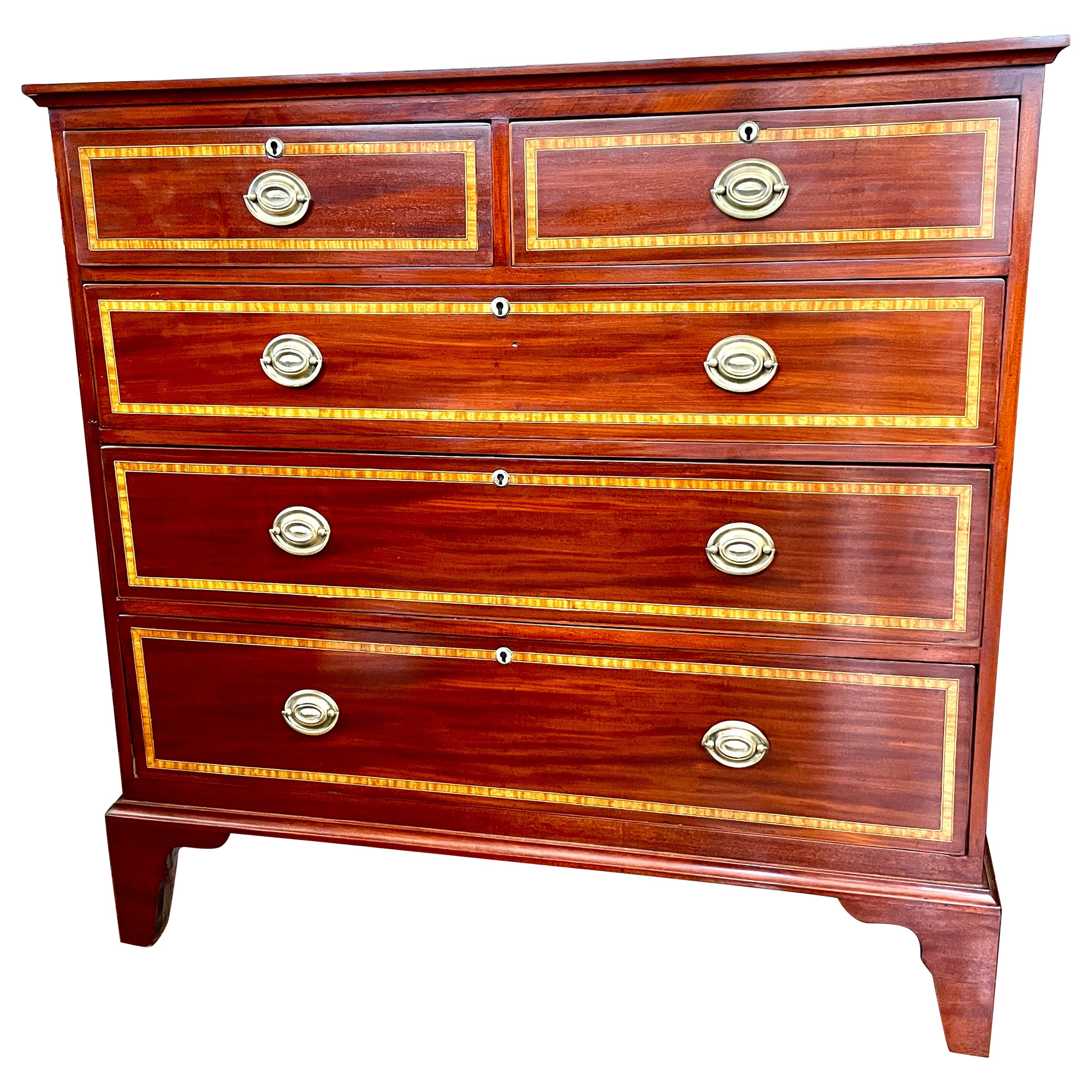 Rare Narrow Antique English Geo.IV Inlaid Flame Mahogany 2 over 3 Chest of Dwrs For Sale