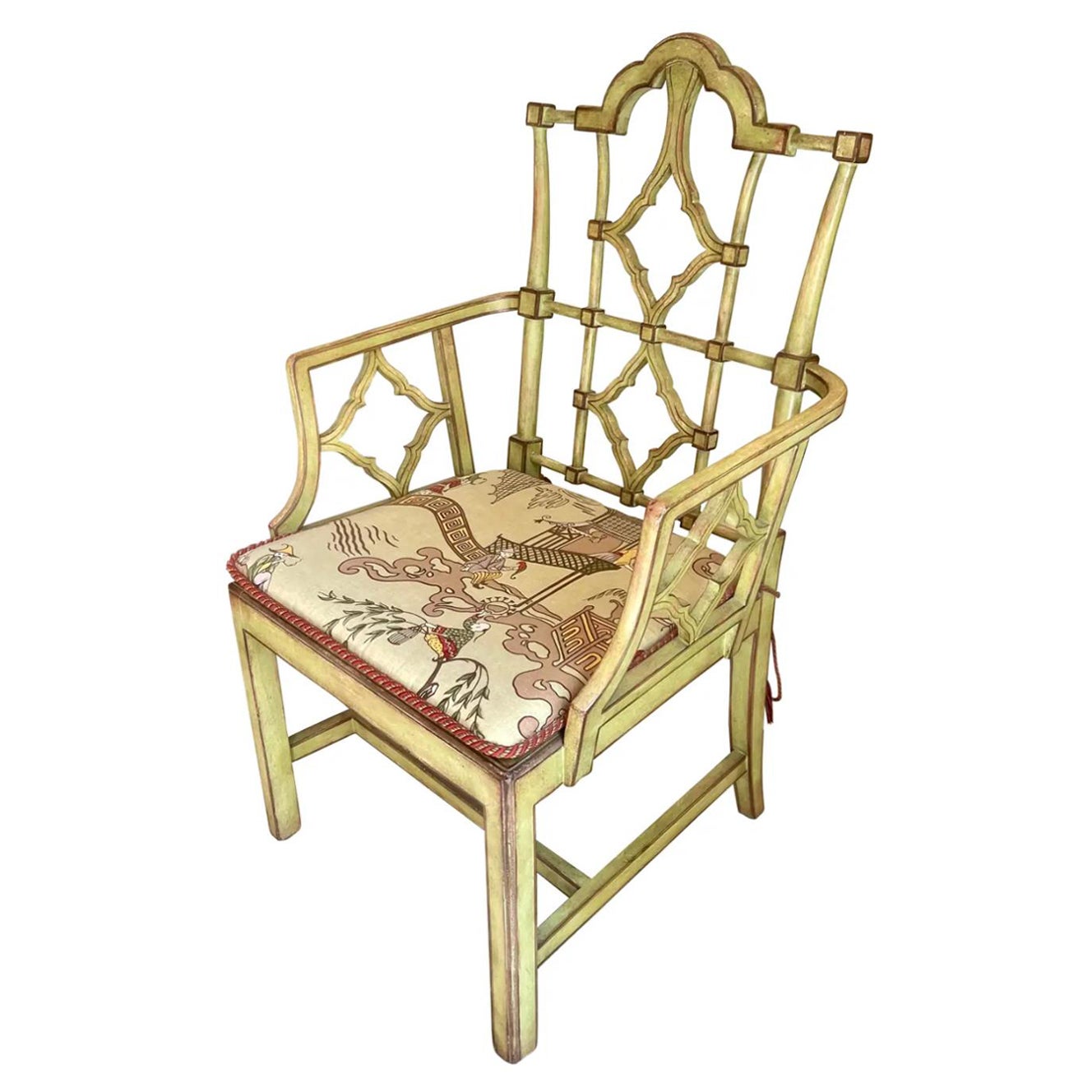 Patina Furniture Company Green Chinoiserie Faux Bamboo Dining Arm Chair For Sale