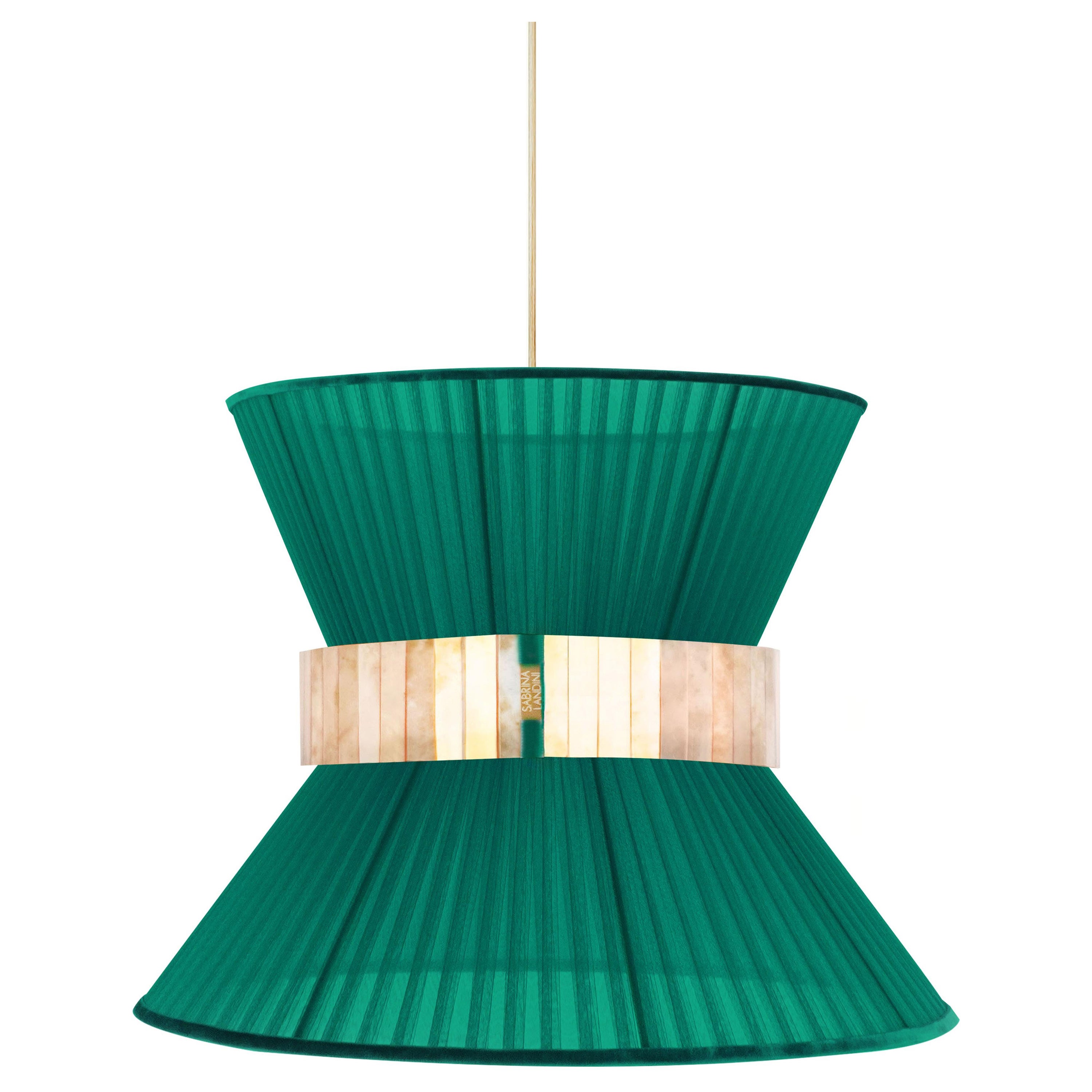 Tiffany Contemporary Hanging Lamp 30, Emerald Silk, Silvered Glass