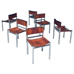 Midcentury Modern Italian Design Tubular Chrome & Leather Dining Chairs, 1970's