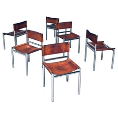 Chaises de salle à manger de design italien de style mi-siècle moderne en chrome et cuir, années 1970