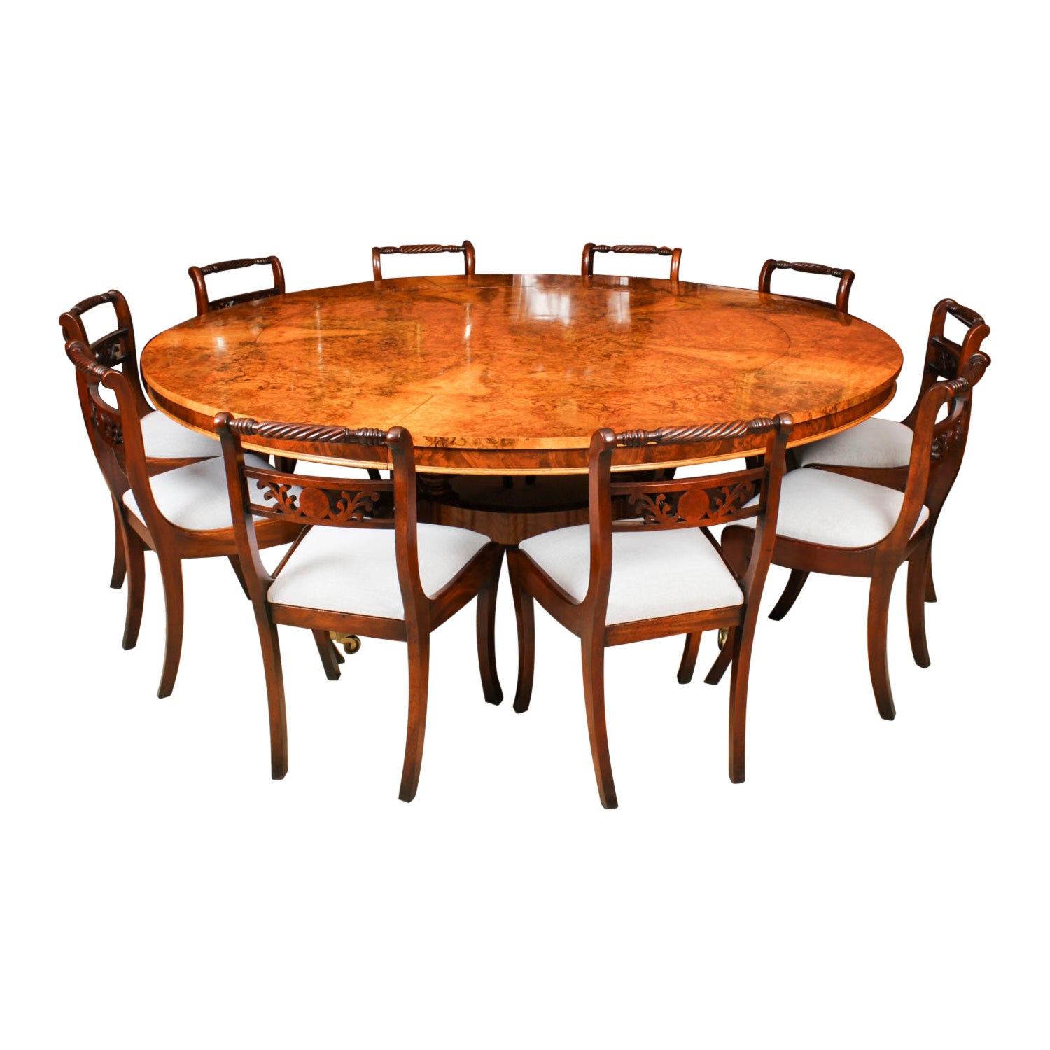 Antique 7ft diam Burr Walnut Jupe Dining Table C1900 & 10 chairs
