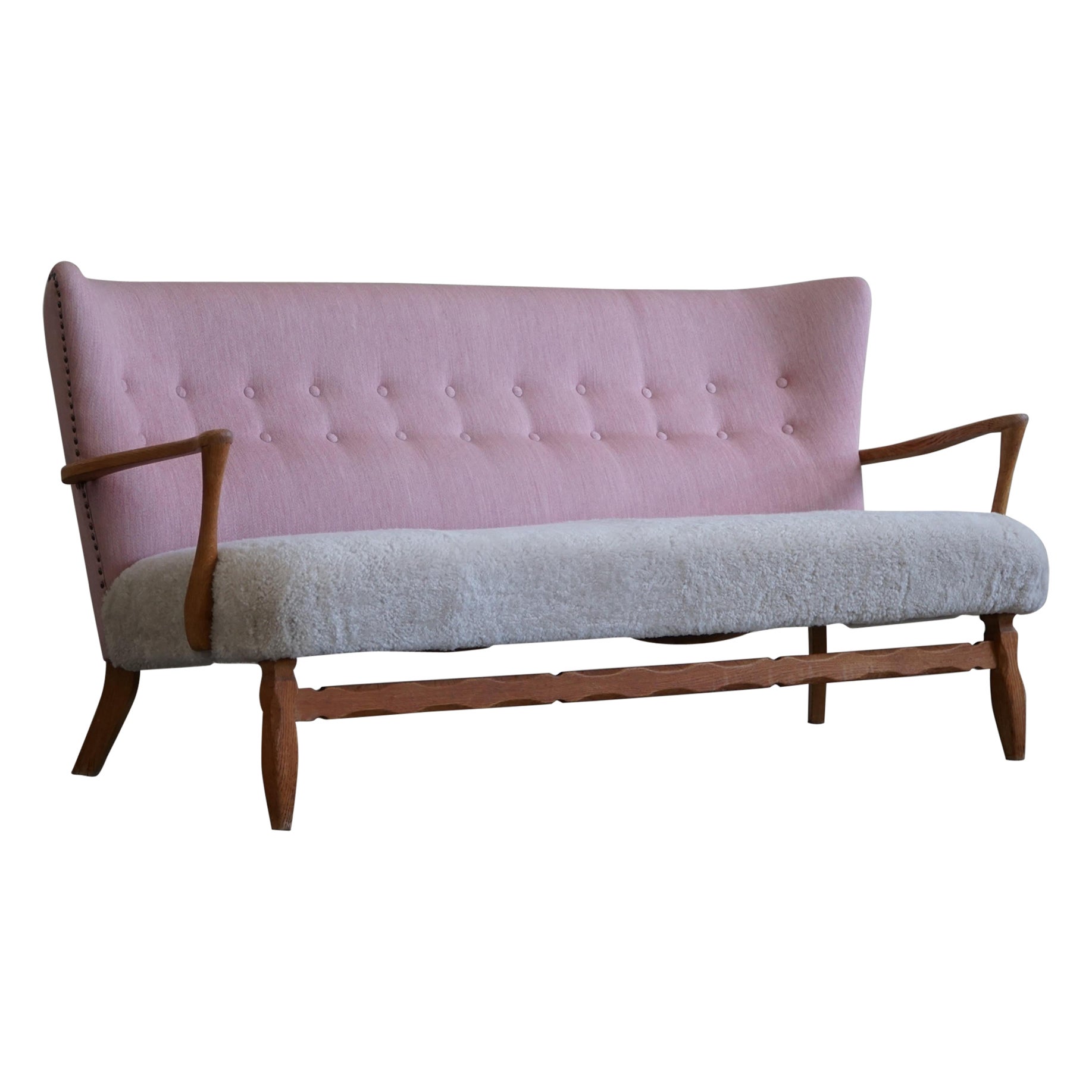 Danish Mid Century Sofa in Oak, Reupholstered in Lambswool, Viggo Boesen 1960s