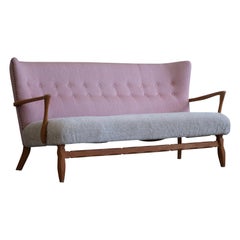 Vintage Danish Mid Century Sofa in Oak, Reupholstered in Lambswool, Viggo Boesen 1960s