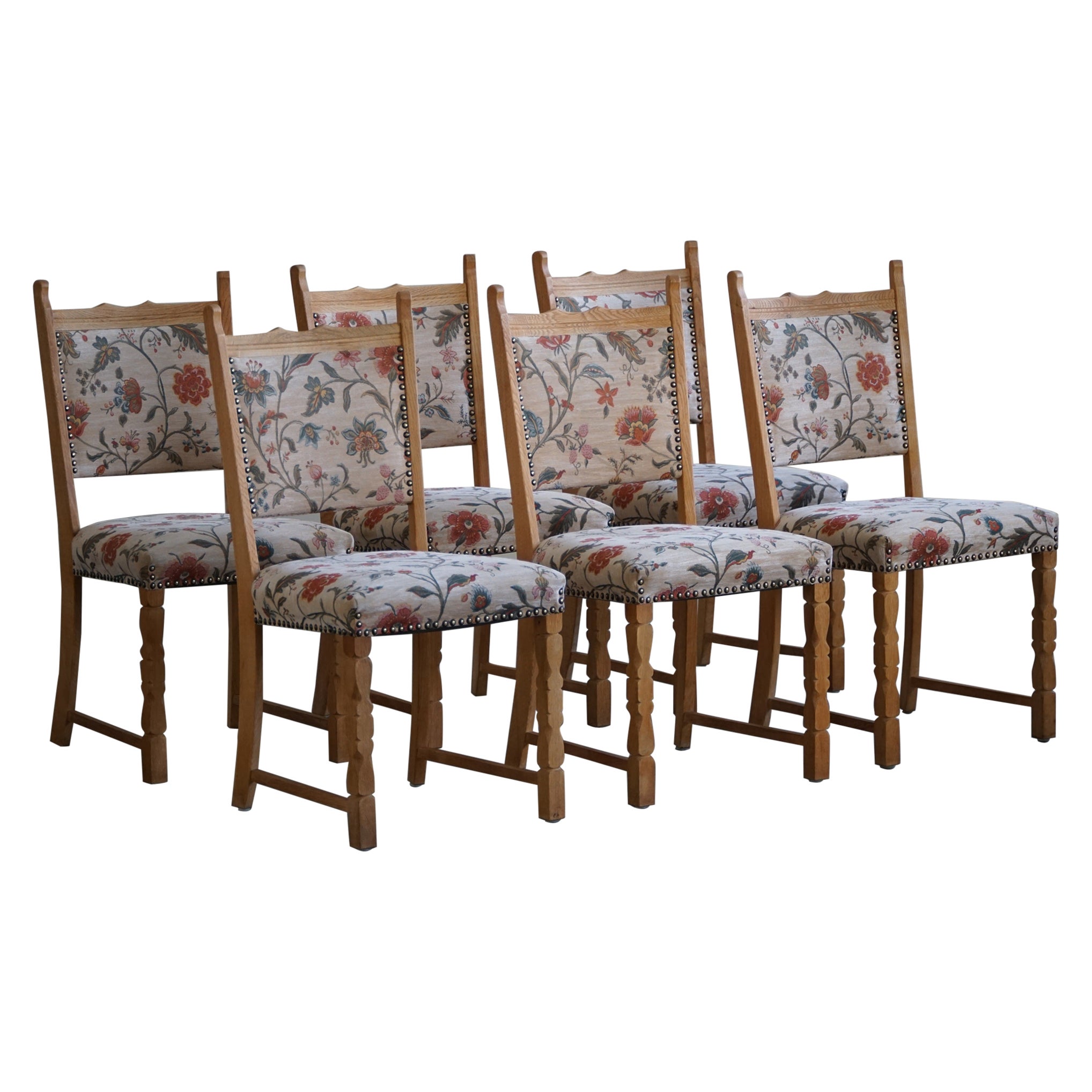 A Set of 6 Dining Room Chairs in Oak & Fabric by a Danish Cabinetmaker, 1950s