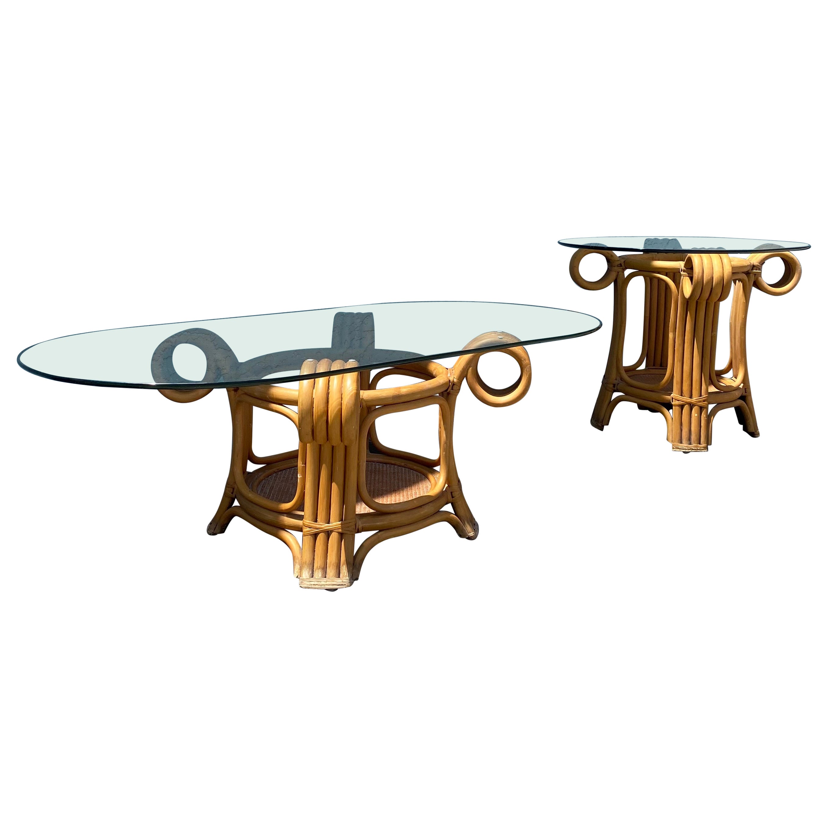 Table basse et table d'appoint en rotin courbé sculpturale des années 1970, ensemble de 2
