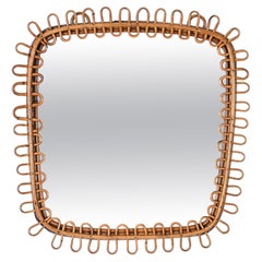 French Riviera Bamboo and Rattan Square Wall Mirror, Italy 1960s