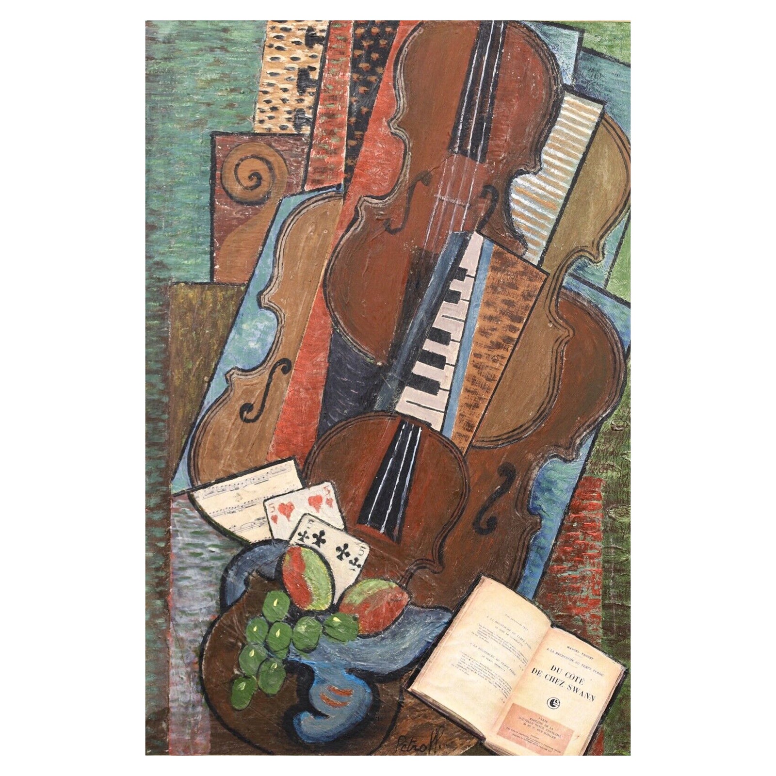 Signed André Petroff (b.1954) Russian Cubist Musical Composition Oil Painting For Sale