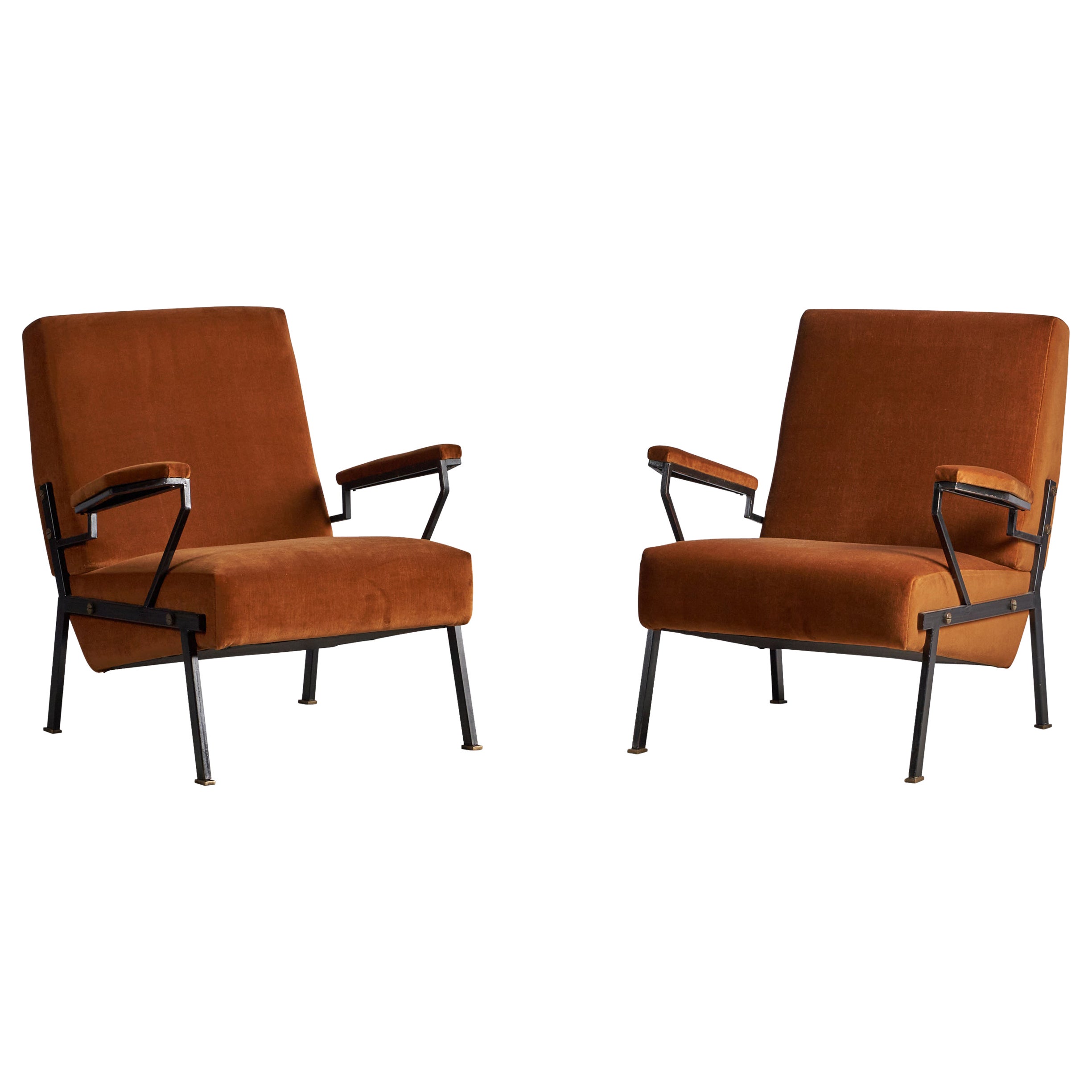 Italian Designer, Lounge Chairs, Iron, Velvet, Italy, 1940s For Sale