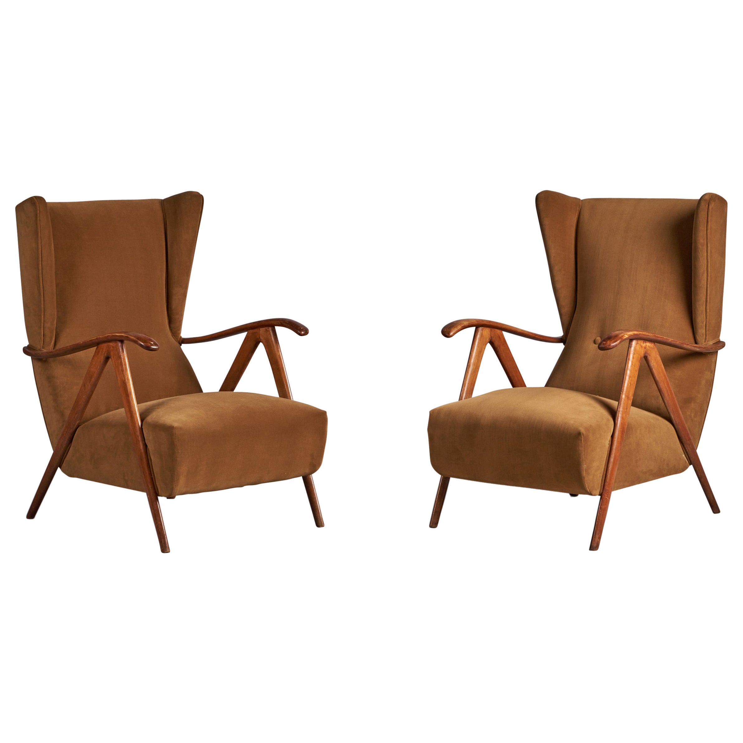Italian Designer, Lounge Chairs, Walnut, Velvet, Italy, 1940s