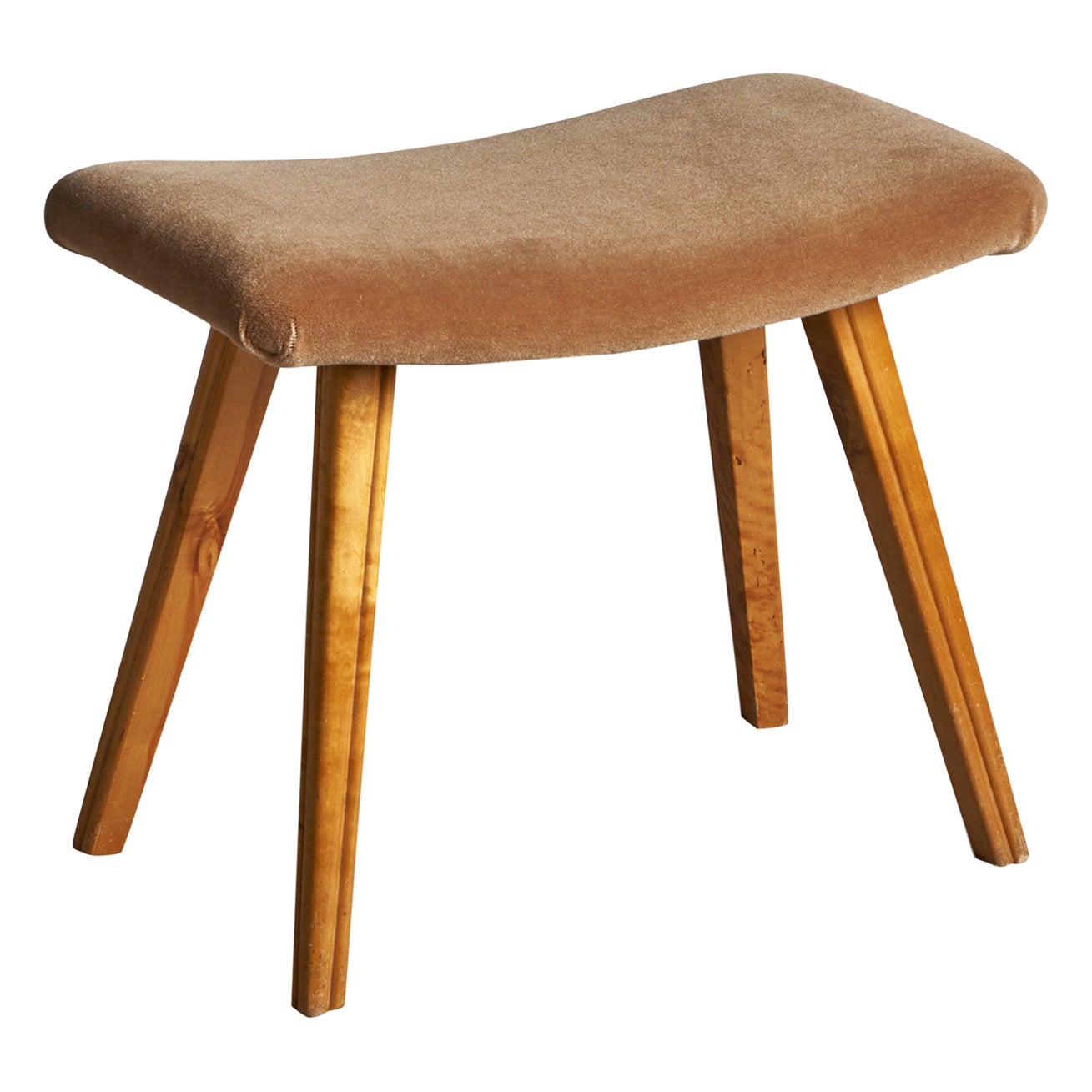 Tabouret de designer suédois, bouleau, mohair, Suède, années 1940