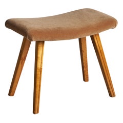 Tabouret de designer suédois, bouleau, mohair, Suède, années 1940