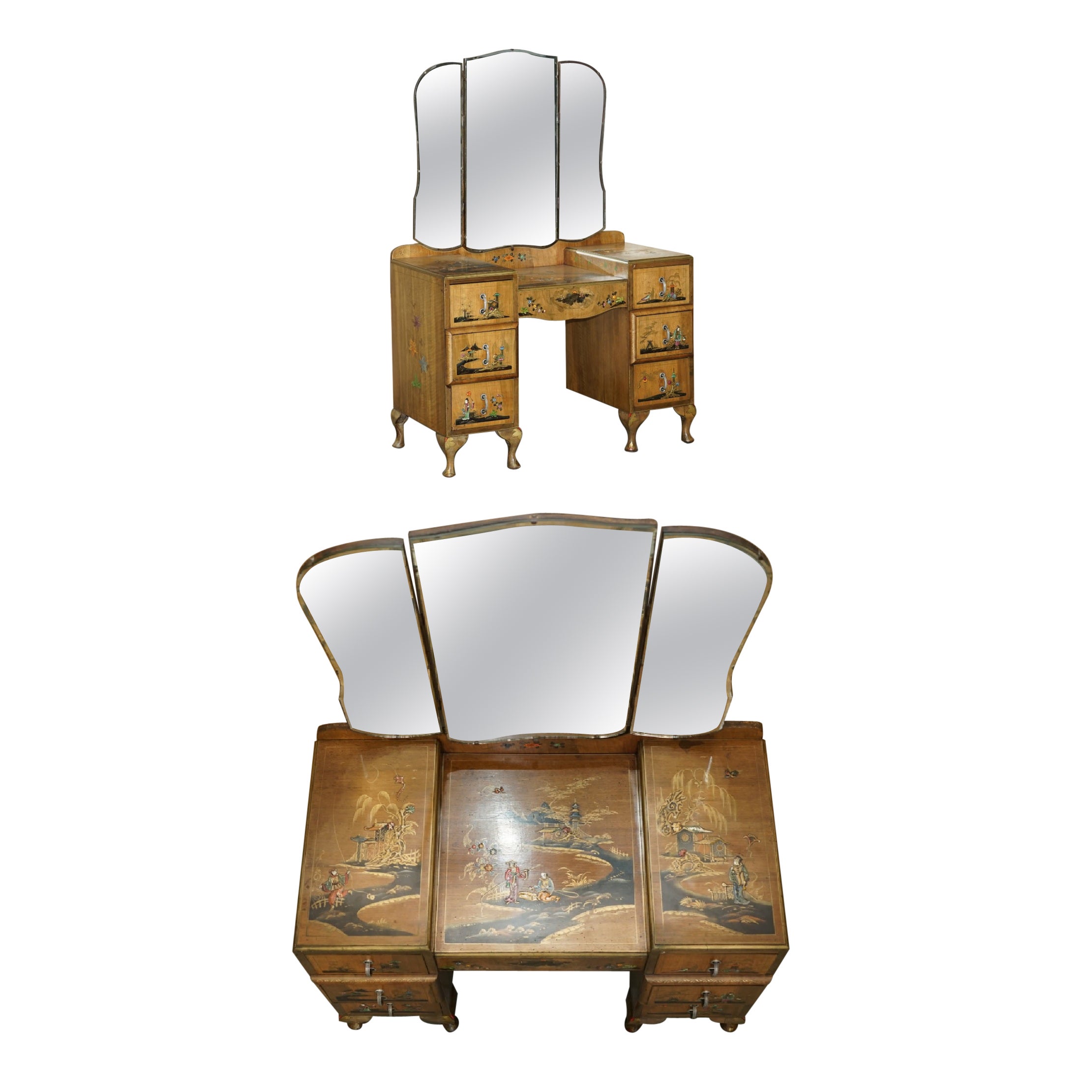 EXQUISITE CHiNESE EXPORT CHINOISERIE WALNUT DRESSING TABLE PART OF A SUITe For Sale