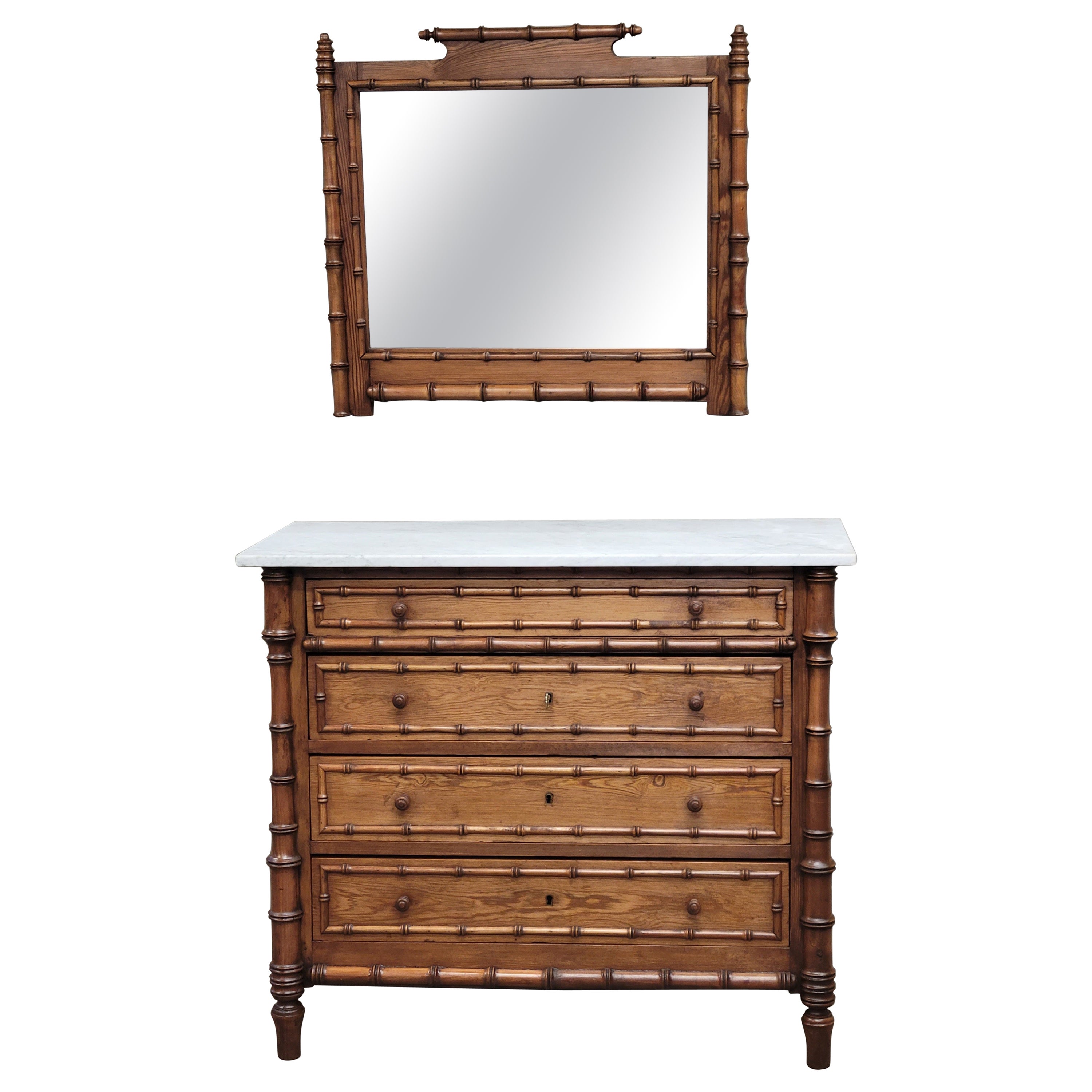 Antique French Faux Bamboo Dresser With Carrera Marble Top and Matching Mirror