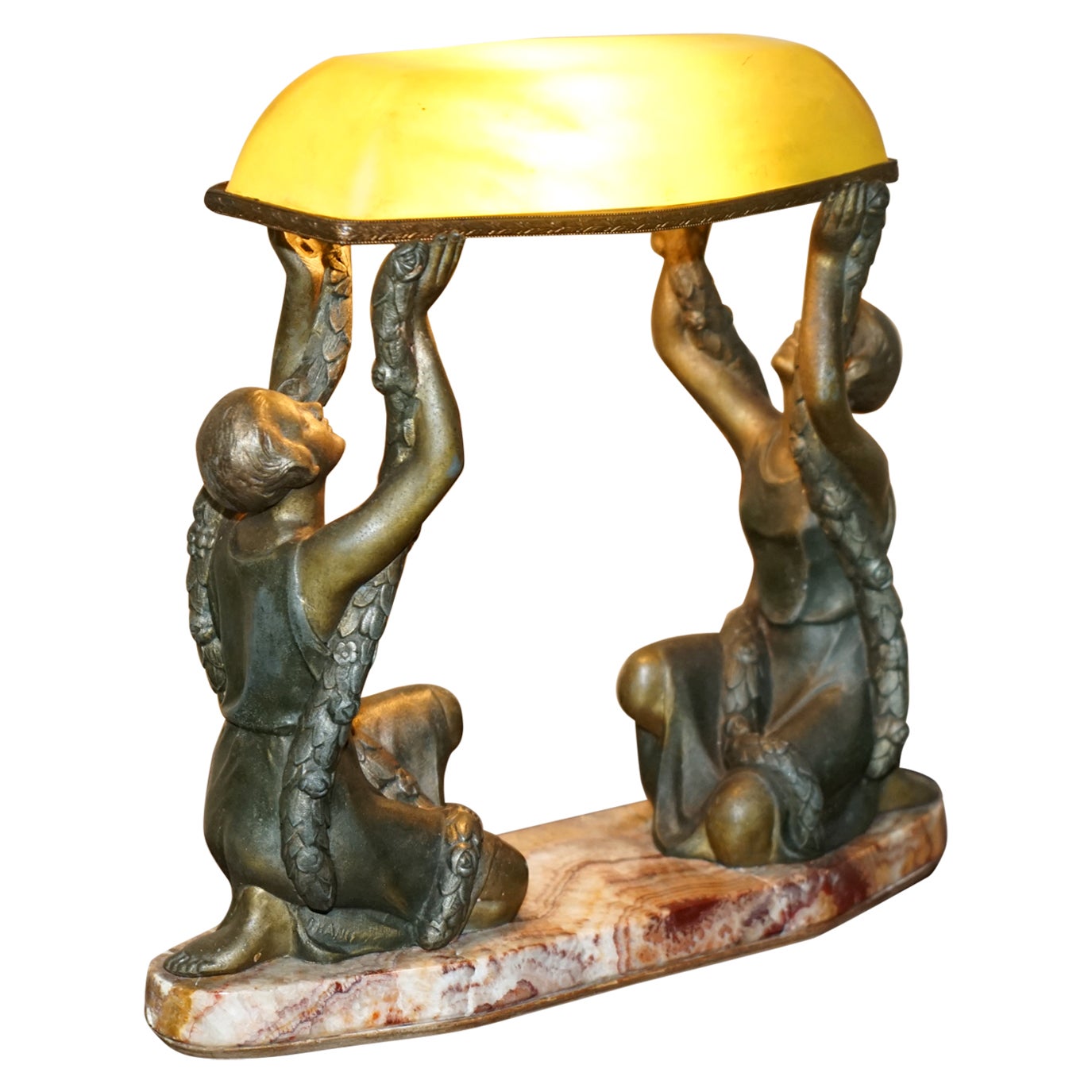 RARE ANTiQUE FRENCH ART DECO 20s COLD PAINTED BRONZE TABLE LAMP WITH MARBLE BASe For Sale