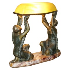 Rare plafonnier antique français Art Déco en bronze peint en couleur, années 20, avec bassin en marbre