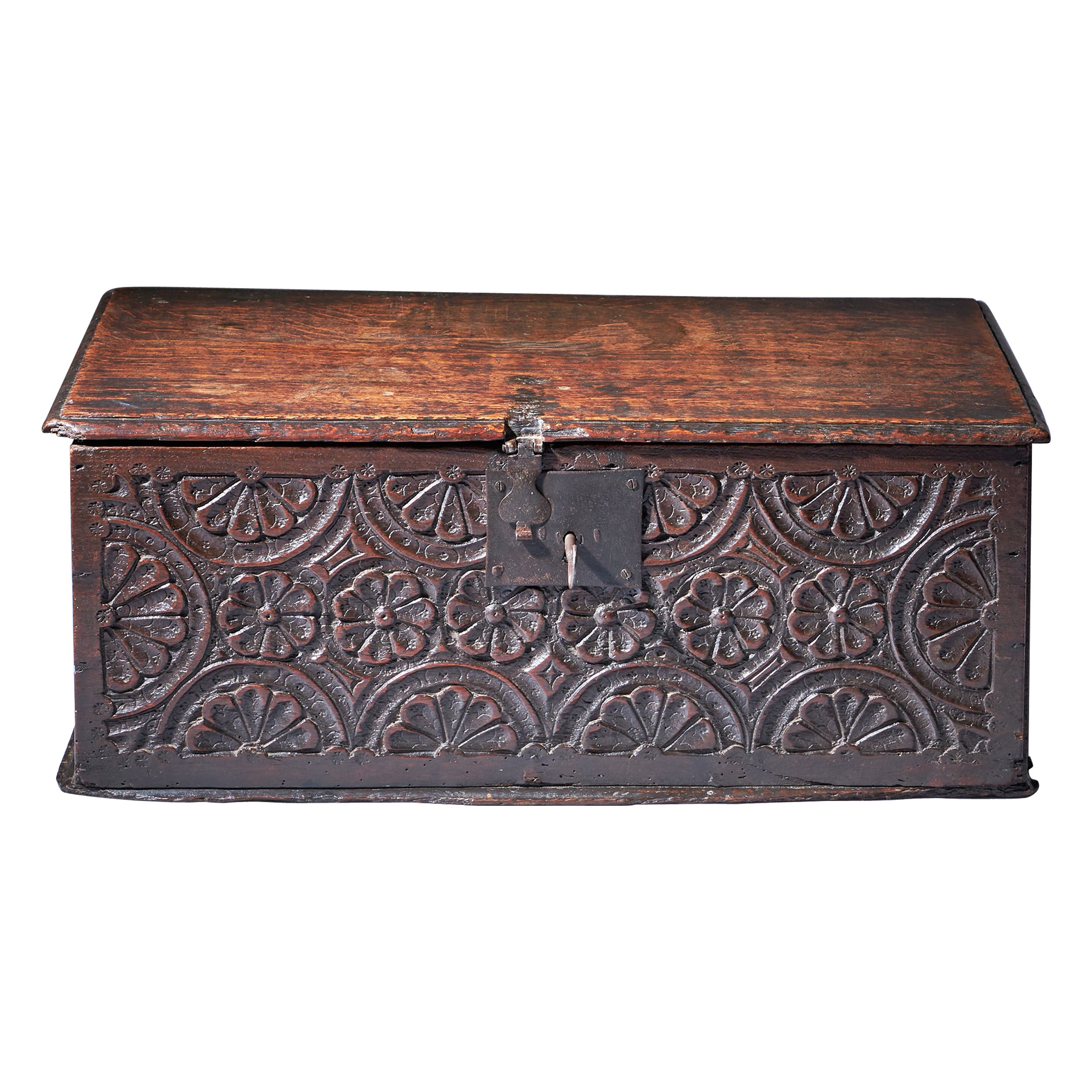 17th Century Charles I Carved Oak Box with Original Iron Clasp and Staple Lock For Sale