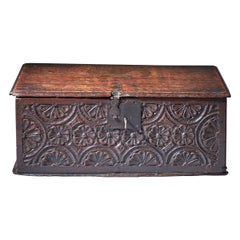 17th Century Charles I Carved Oak Box with Original Iron Clasp and Staple Lock