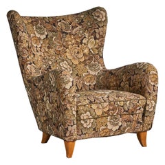 Olle Sjögren, Lounge Chair, Fabric, Wood, Sweden, 1940s