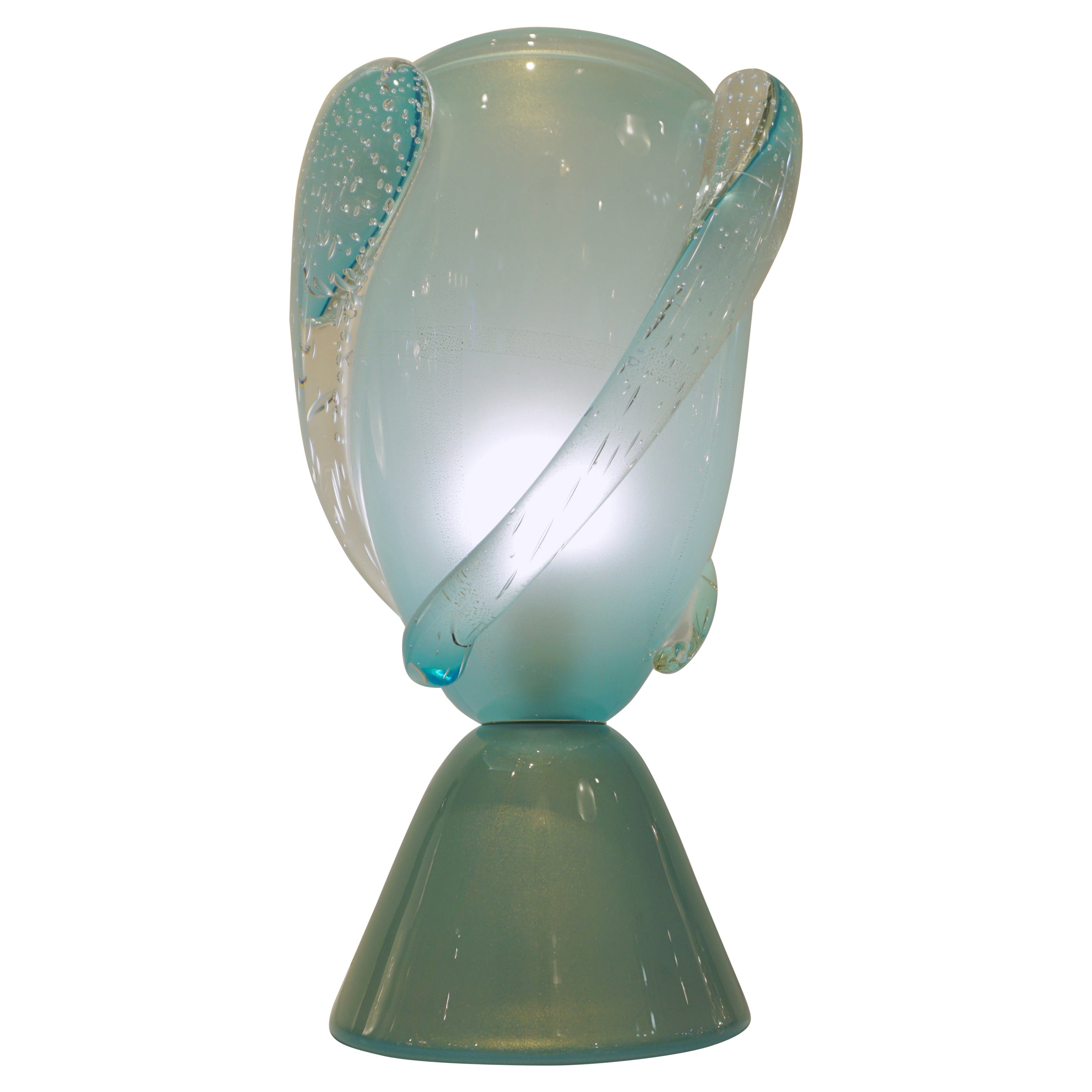 High-quality Italian mouth-blown Murano glass table lamp signed Barovier-Toso in a rare baby aquamarine azure color, worked with 24Kt Gold dust to confer glowing to the glass. The sea blue is gradual from a lighter shade to a more intense