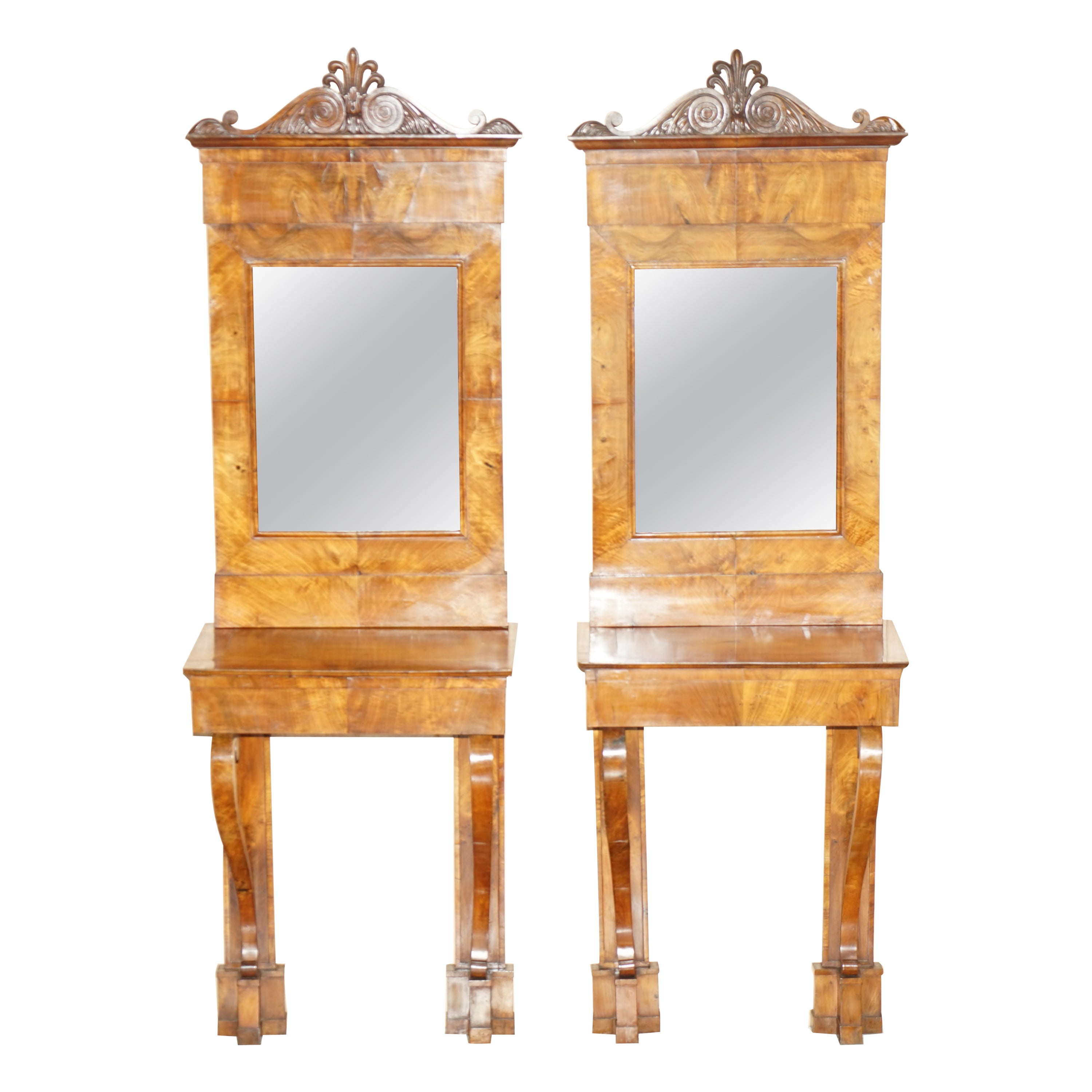PAIR OF FULLY RESTORED ANTIQUE CiRCA 1815 REGENCY WALNUT CONSOLE TABLES & MIRROr For Sale