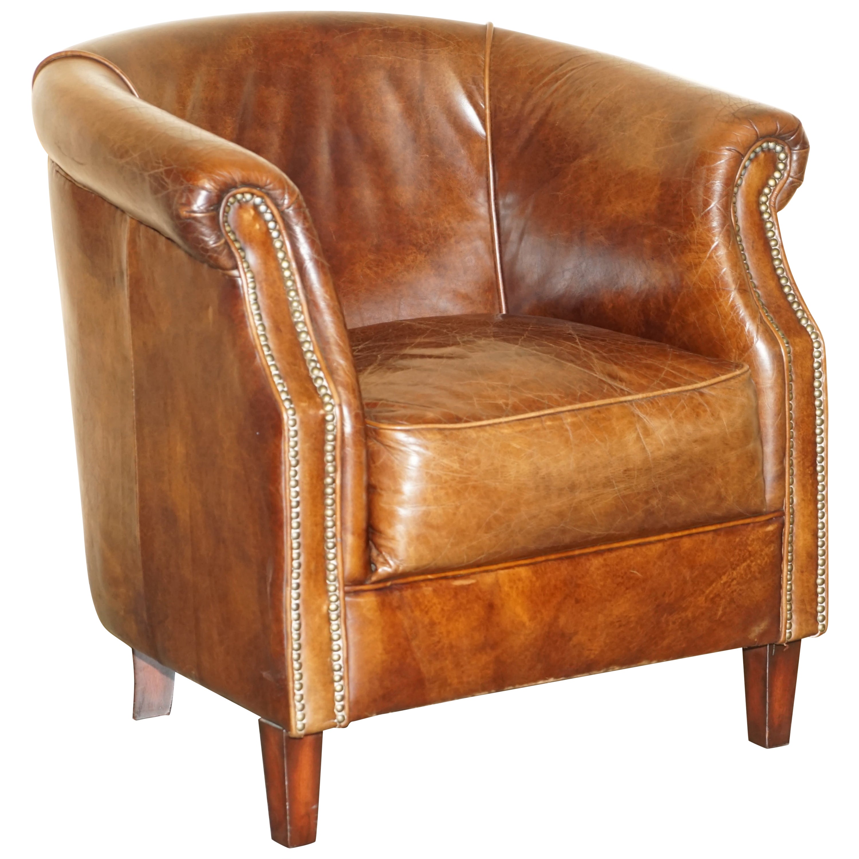 AGED HERiTAGE BROWN LEATHER BIKER TAN CLUB TUB ARMCHAIR MUST SEE LOVELY PATINa!! im Angebot