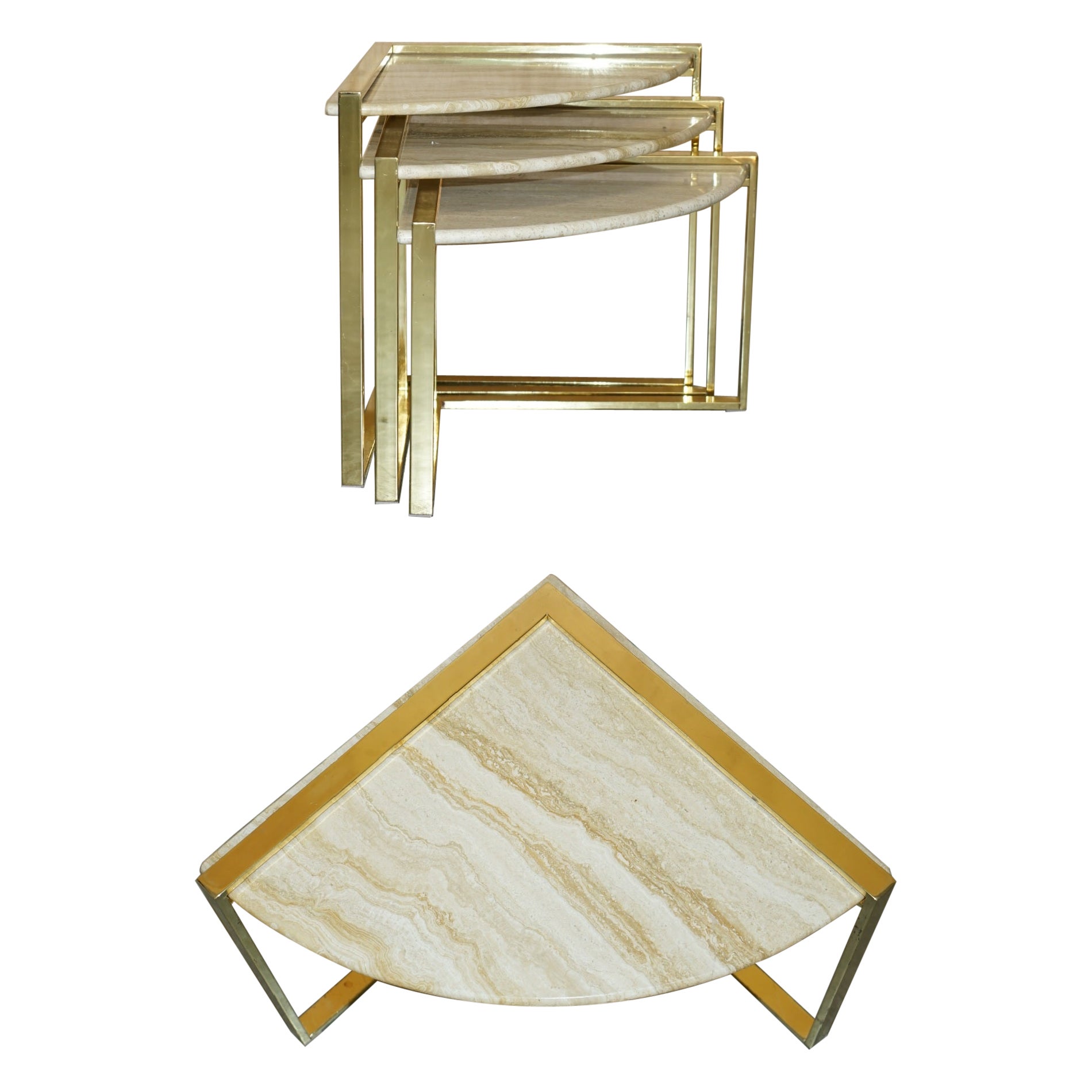 ViNTAGE NEST OF THREE MARBLE AND BRASS CORNER TABLES LOVELY MID CENTRUY LOOk ! en vente