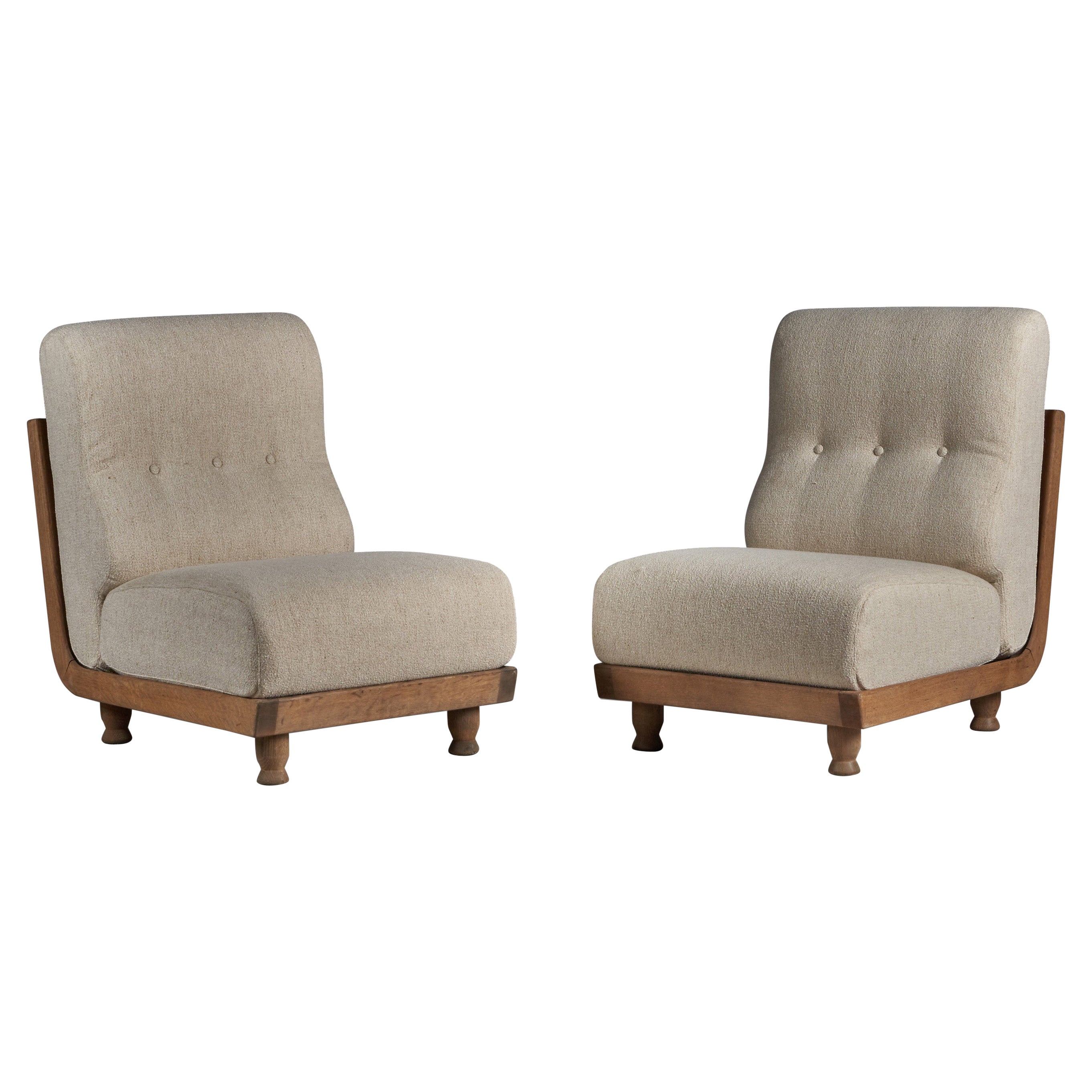 Guillerme & Chambron, Lounge Chairs, Fabric, Oak, France, 1950s For Sale