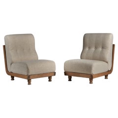 Guillerme & Chambron, Lounge Chairs, Fabric, Oak, France, 1950s