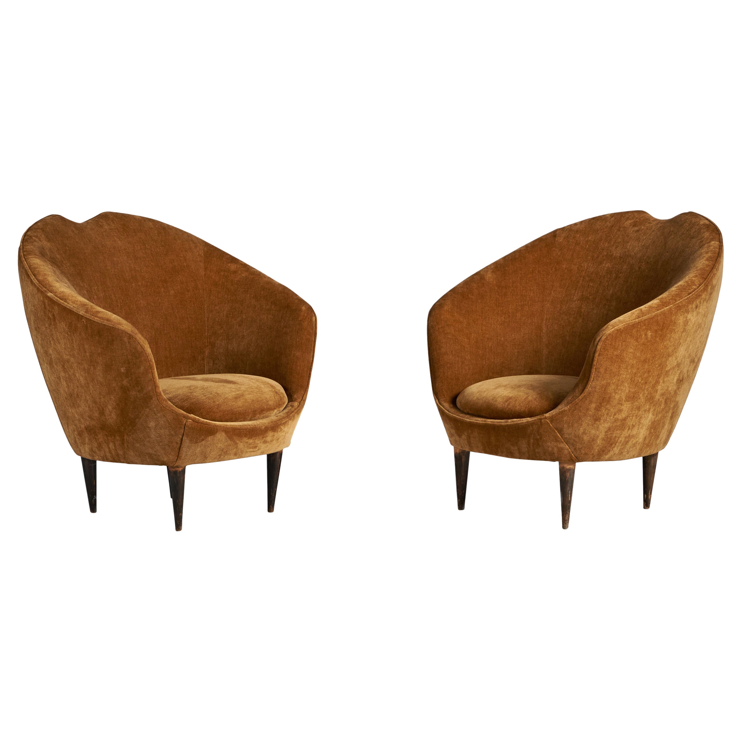 Federico Munari, Lounge Chairs, Walnut, Fabric, Italy, 1950s For Sale