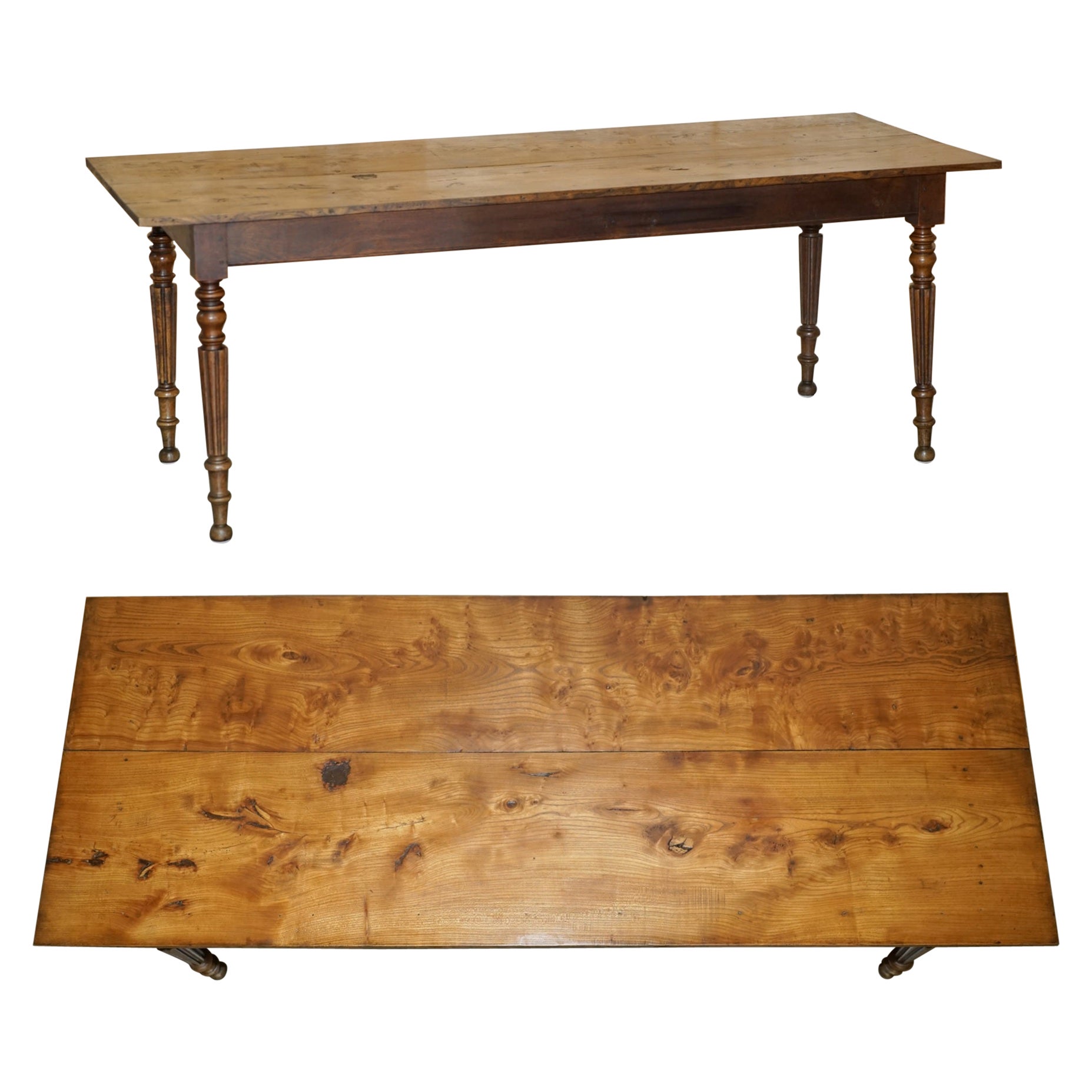 ANTIQUE FRENCH TWO PLANK TOP FARMHOUSE BURR FRUiTWOOD REFECTORY DINING TABLe For Sale
