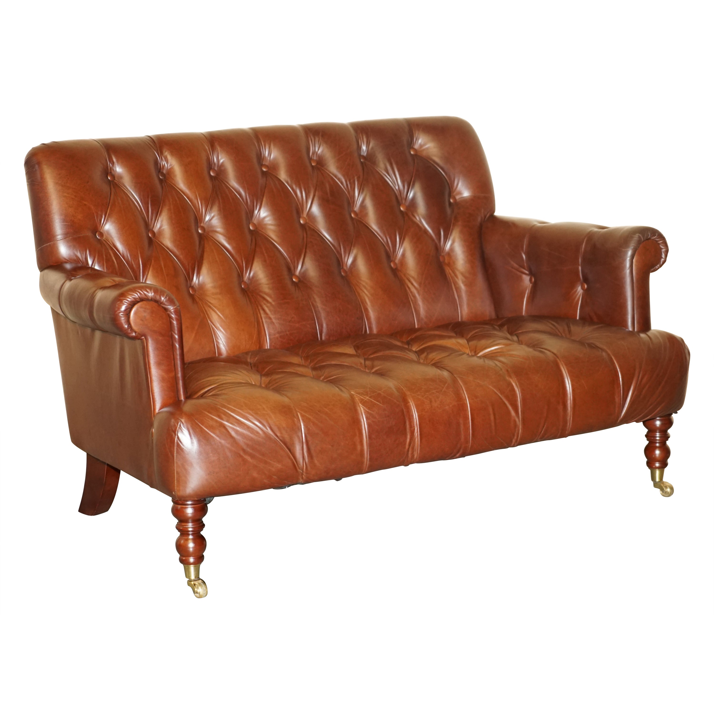 FiNE CHESTNUT BROWN LEATHER LAUREN ASHLEY CHESTERFIELD TWO SEAT LIBRARY SOFa im Angebot