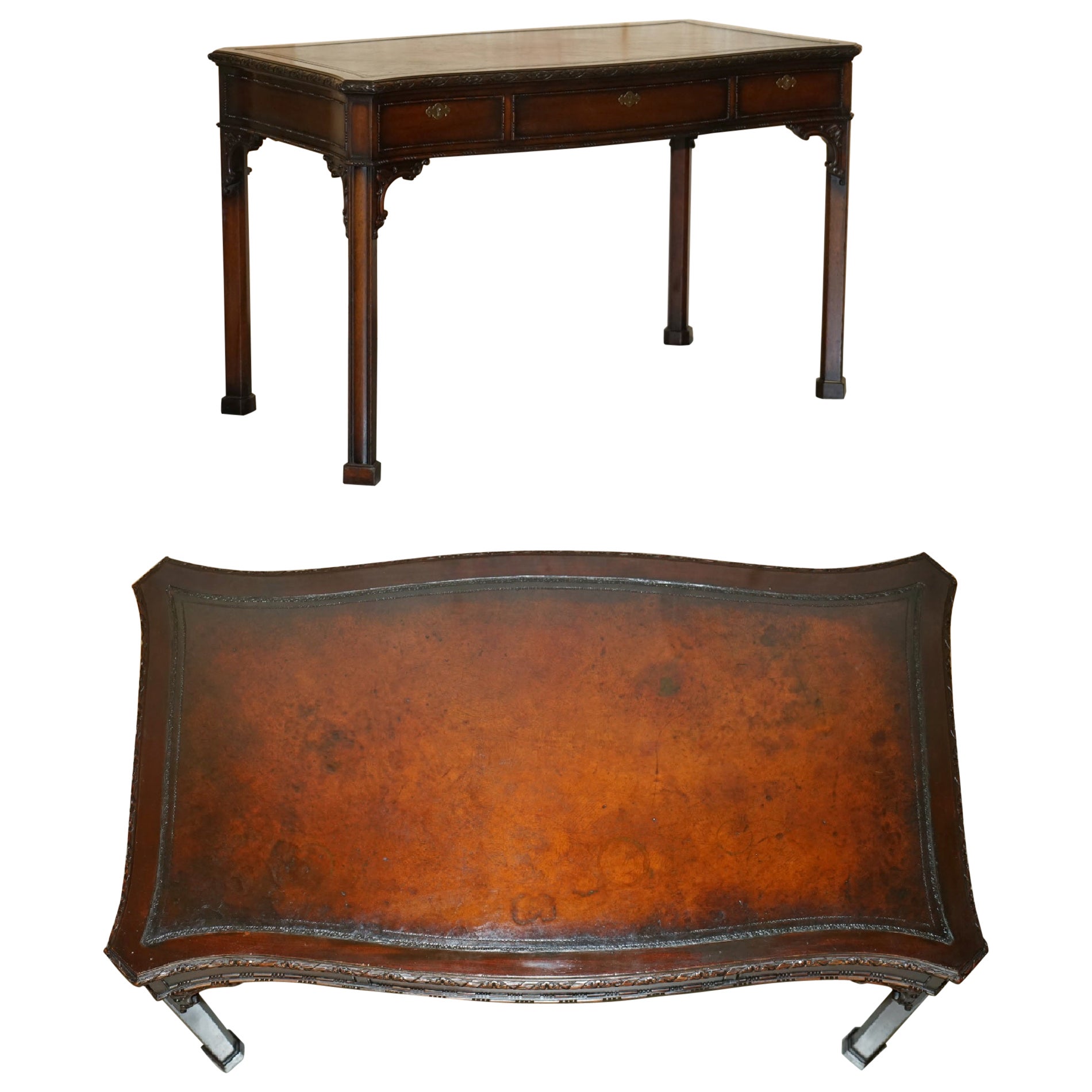 WARING & GILLOW PARIS THOMAS CHIPPENDALE TASTE LiBRARY DESK BROWN LEATHER TOP For Sale