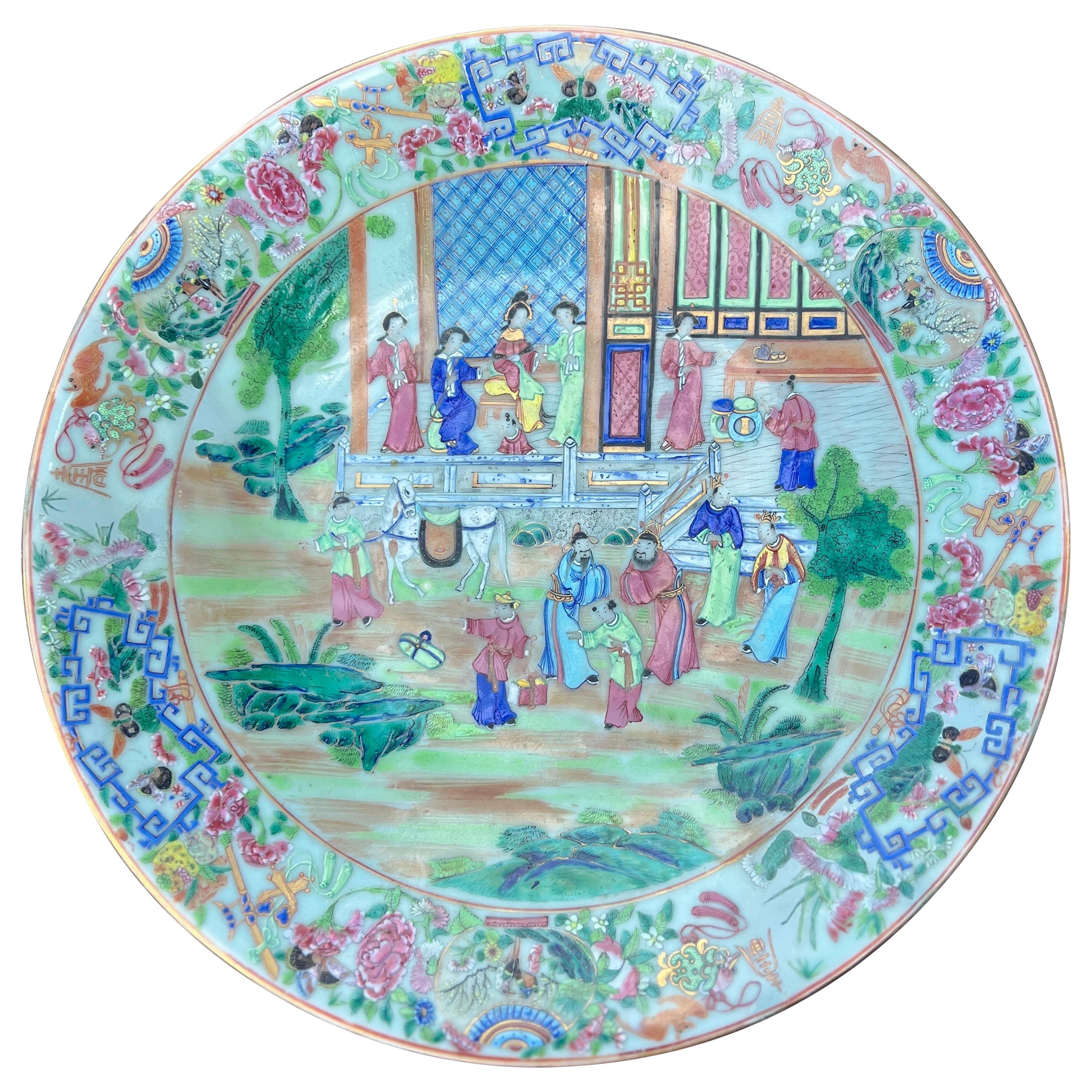 19th Century Chinese Export Rose Medallion Platter on Celadon Ground