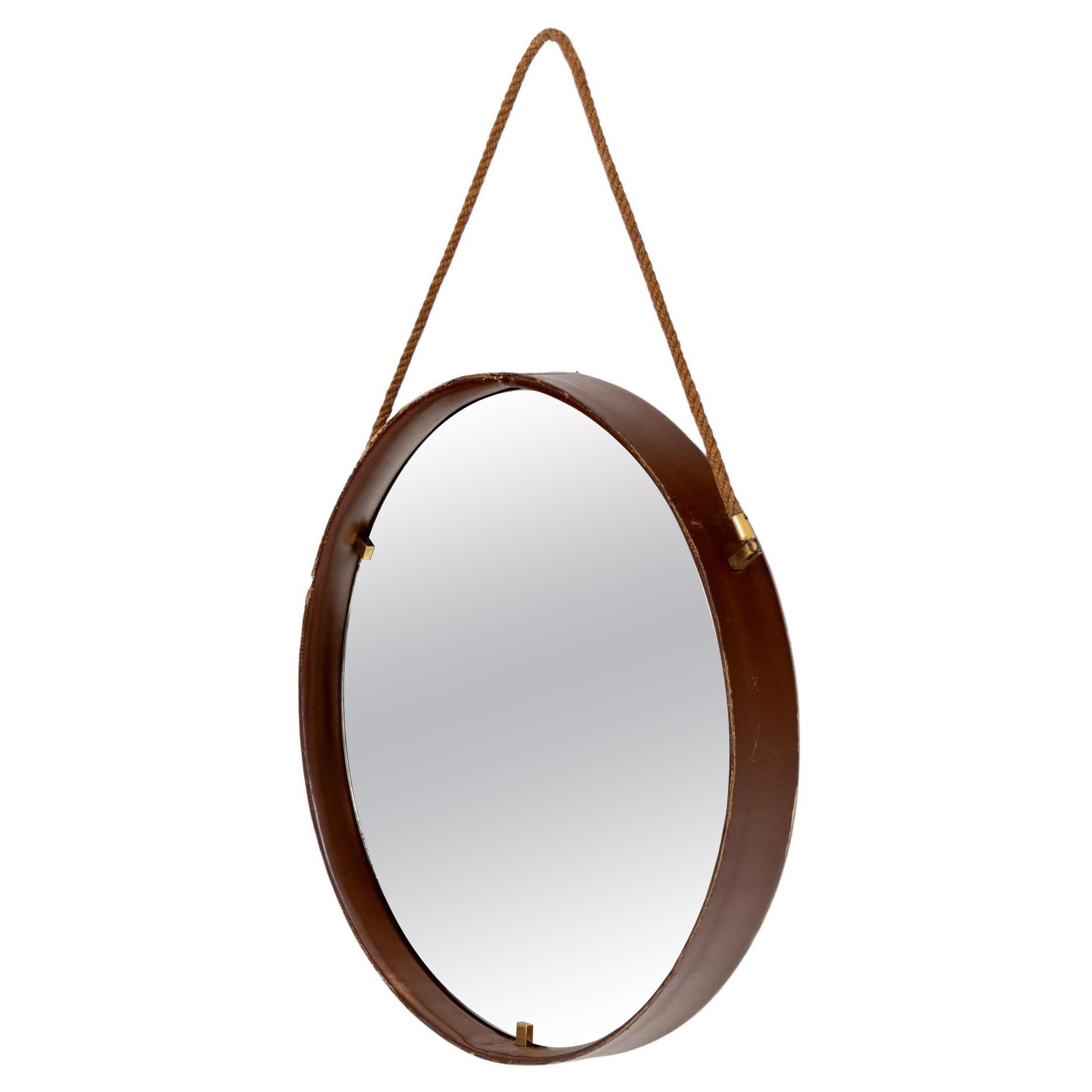 Round Wall Mirror with Leather Frame on a Rope, Italy Mid-20th Century