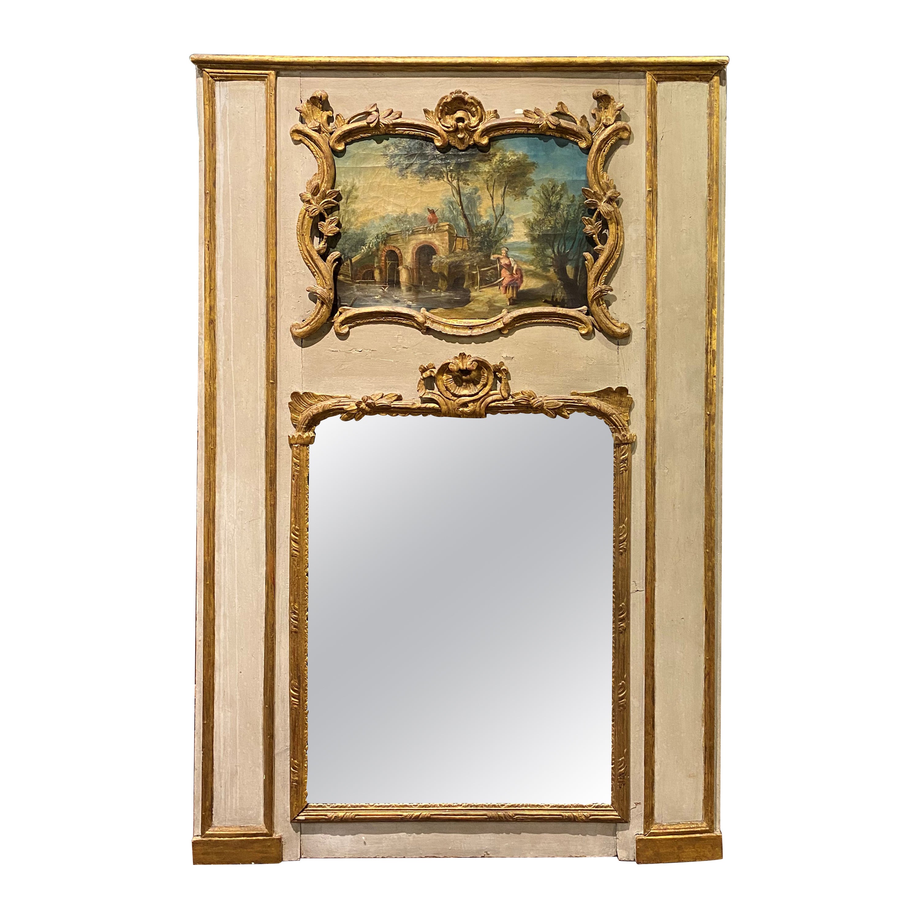 Grand miroir surmonté d'un Trumeau français avec scène de genre