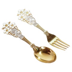 Art Deco A. Michelsen Sterling Silver & Enamel 1929 Christmas Spoon & Fork Set